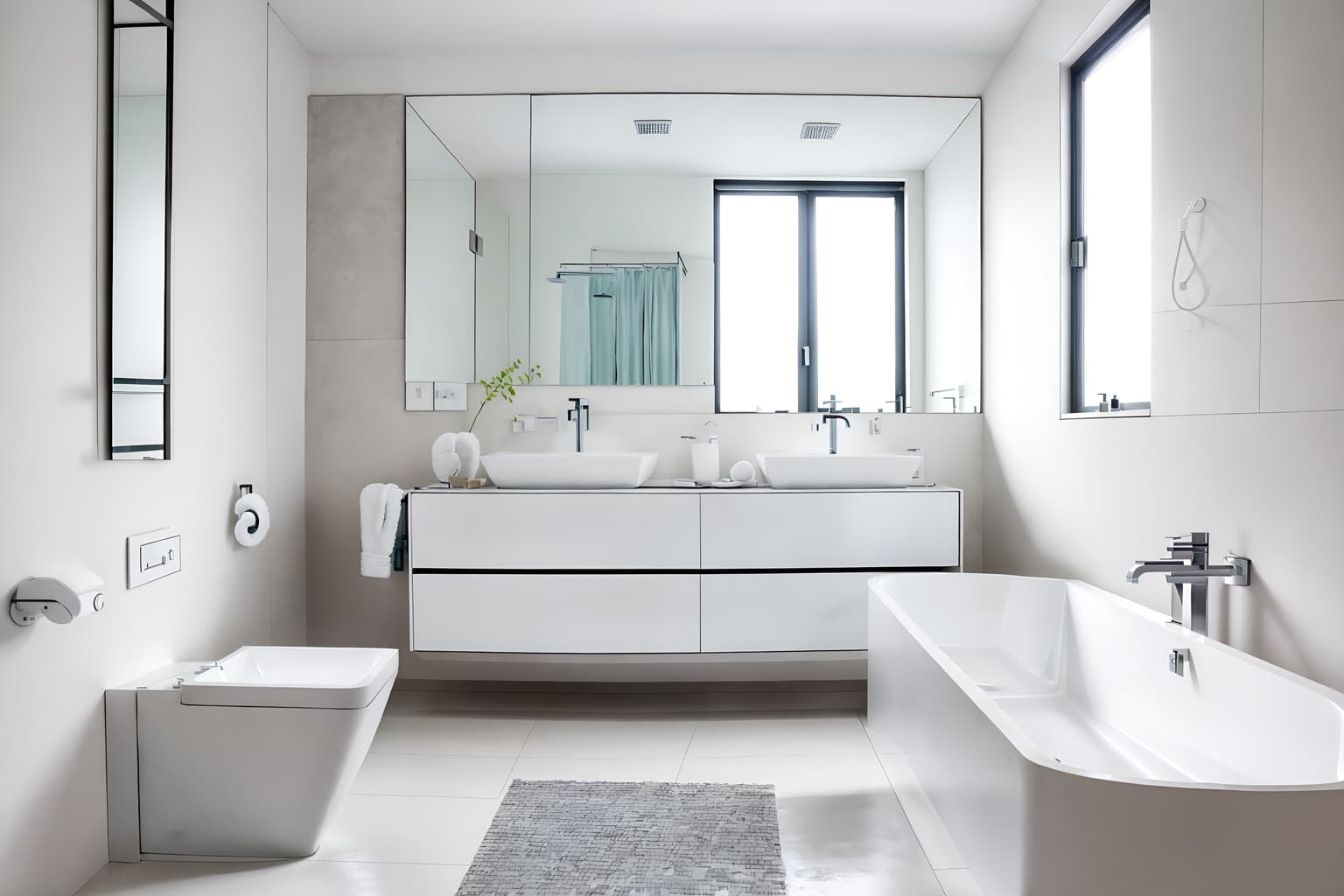 minimalist-style (bathroom interior) with waste basket and bathroom sink with faucet and bath rail and mirror and shower and toilet seat and bathtub and bathroom cabinet. . with an open floor plan and functional furniture and focus on the shape, colour and texture of just a few of essential elements and a monochromatic palette with colour used as an accent and lots of light and clean lines and an open floor plan. . cinematic photo, highly detailed, cinematic lighting, ultra-detailed, ultrarealistic, photorealism, 8k. minimalist interior design style. masterpiece, cinematic light, ultrarealistic+, photorealistic+, 8k, raw photo, realistic, sharp focus on eyes, (symmetrical eyes), (intact eyes), hyperrealistic, highest quality, best quality, , highly detailed, masterpiece, best quality, extremely detailed 8k wallpaper, masterpiece, best quality, ultra-detailed, best shadow, detailed background, detailed face, detailed eyes, high contrast, best illumination, detailed face, dulux, caustic, dynamic angle, detailed glow. dramatic lighting. highly detailed, insanely detailed hair, symmetrical, intricate details, professionally retouched, 8k high definition. strong bokeh. award winning photo.