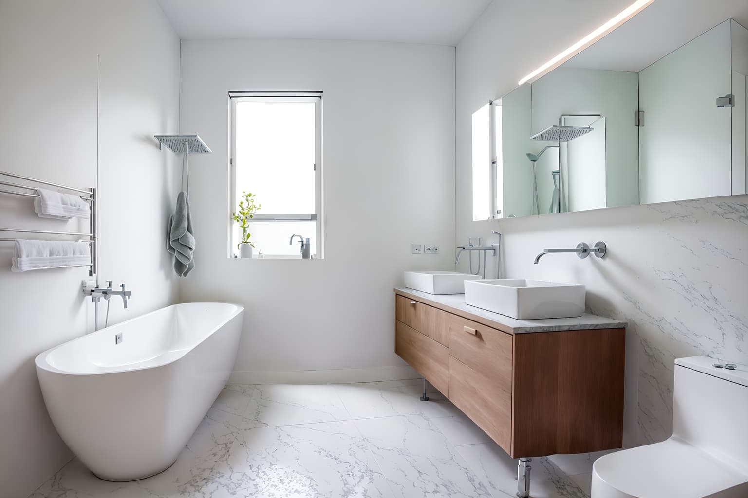 minimalist-style (bathroom interior) with waste basket and bathroom sink with faucet and bath rail and mirror and shower and toilet seat and bathtub and bathroom cabinet. . with an open floor plan and functional furniture and focus on the shape, colour and texture of just a few of essential elements and a monochromatic palette with colour used as an accent and lots of light and clean lines and an open floor plan. . cinematic photo, highly detailed, cinematic lighting, ultra-detailed, ultrarealistic, photorealism, 8k. minimalist interior design style. masterpiece, cinematic light, ultrarealistic+, photorealistic+, 8k, raw photo, realistic, sharp focus on eyes, (symmetrical eyes), (intact eyes), hyperrealistic, highest quality, best quality, , highly detailed, masterpiece, best quality, extremely detailed 8k wallpaper, masterpiece, best quality, ultra-detailed, best shadow, detailed background, detailed face, detailed eyes, high contrast, best illumination, detailed face, dulux, caustic, dynamic angle, detailed glow. dramatic lighting. highly detailed, insanely detailed hair, symmetrical, intricate details, professionally retouched, 8k high definition. strong bokeh. award winning photo.