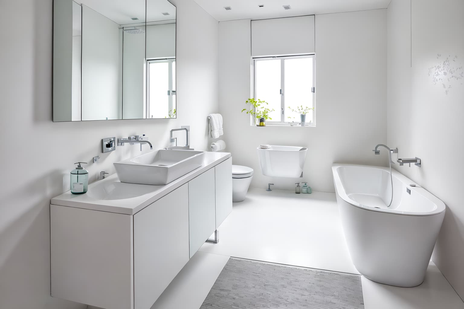 minimalist-style (bathroom interior) with waste basket and bathroom sink with faucet and bath rail and mirror and shower and toilet seat and bathtub and bathroom cabinet. . with an open floor plan and functional furniture and focus on the shape, colour and texture of just a few of essential elements and a monochromatic palette with colour used as an accent and lots of light and clean lines and an open floor plan. . cinematic photo, highly detailed, cinematic lighting, ultra-detailed, ultrarealistic, photorealism, 8k. minimalist interior design style. masterpiece, cinematic light, ultrarealistic+, photorealistic+, 8k, raw photo, realistic, sharp focus on eyes, (symmetrical eyes), (intact eyes), hyperrealistic, highest quality, best quality, , highly detailed, masterpiece, best quality, extremely detailed 8k wallpaper, masterpiece, best quality, ultra-detailed, best shadow, detailed background, detailed face, detailed eyes, high contrast, best illumination, detailed face, dulux, caustic, dynamic angle, detailed glow. dramatic lighting. highly detailed, insanely detailed hair, symmetrical, intricate details, professionally retouched, 8k high definition. strong bokeh. award winning photo.