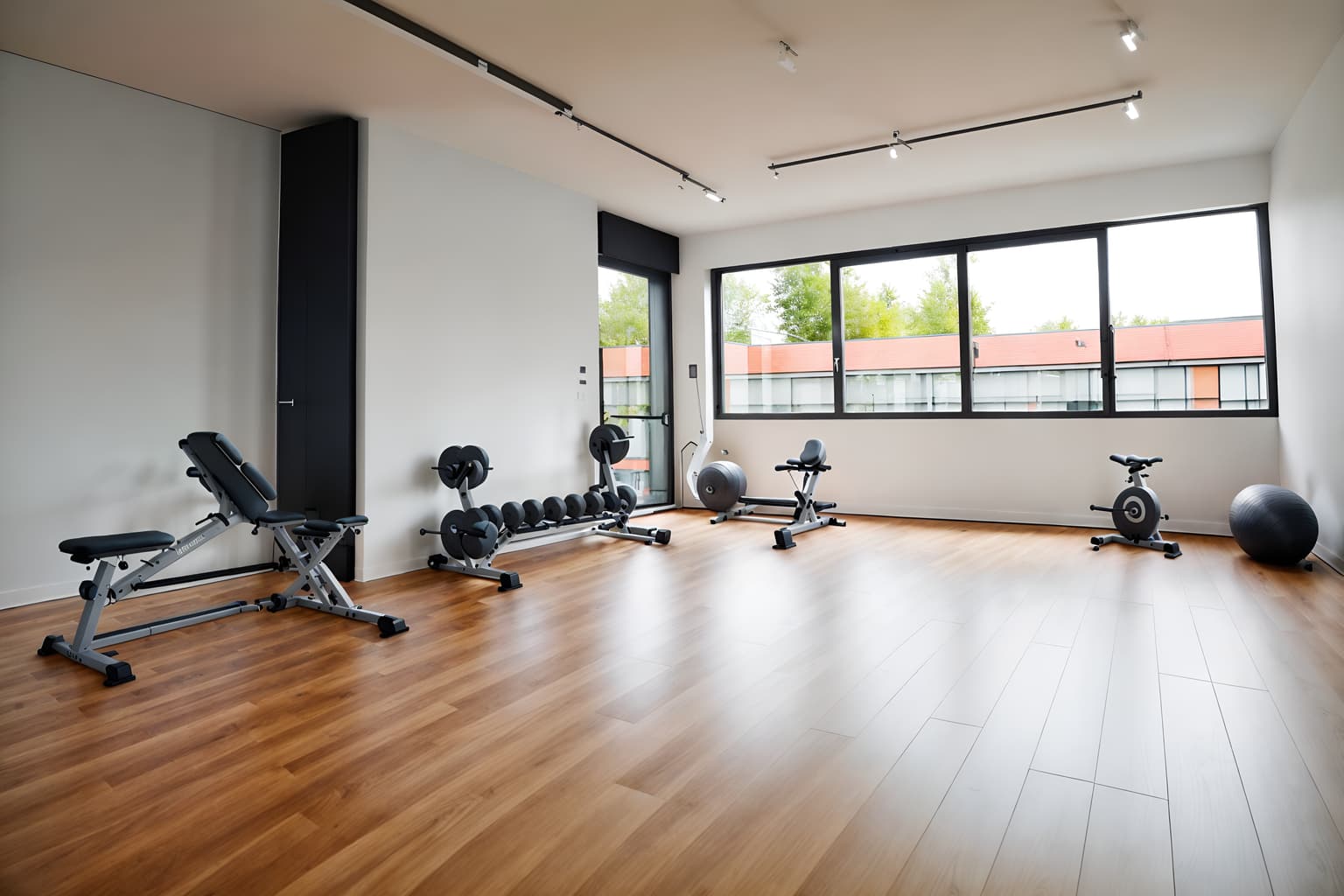 minimalist-style (fitness gym interior) with exercise bicycle and bench press and squat rack and dumbbell stand and crosstrainer and exercise bicycle. . with an open floor plan and functional furniture and focus on the shape, colour and texture of just a few of essential elements and lots of light and a monochromatic palette with colour used as an accent and clean lines and an open floor plan. . cinematic photo, highly detailed, cinematic lighting, ultra-detailed, ultrarealistic, photorealism, 8k. minimalist interior design style. masterpiece, cinematic light, ultrarealistic+, photorealistic+, 8k, raw photo, realistic, sharp focus on eyes, (symmetrical eyes), (intact eyes), hyperrealistic, highest quality, best quality, , highly detailed, masterpiece, best quality, extremely detailed 8k wallpaper, masterpiece, best quality, ultra-detailed, best shadow, detailed background, detailed face, detailed eyes, high contrast, best illumination, detailed face, dulux, caustic, dynamic angle, detailed glow. dramatic lighting. highly detailed, insanely detailed hair, symmetrical, intricate details, professionally retouched, 8k high definition. strong bokeh. award winning photo.