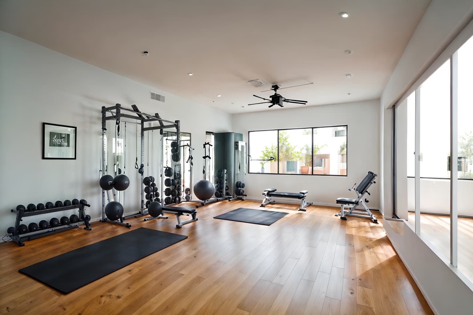 minimalist-style (fitness gym interior) with exercise bicycle and bench press and squat rack and dumbbell stand and crosstrainer and exercise bicycle. . with an open floor plan and functional furniture and focus on the shape, colour and texture of just a few of essential elements and lots of light and a monochromatic palette with colour used as an accent and clean lines and an open floor plan. . cinematic photo, highly detailed, cinematic lighting, ultra-detailed, ultrarealistic, photorealism, 8k. minimalist interior design style. masterpiece, cinematic light, ultrarealistic+, photorealistic+, 8k, raw photo, realistic, sharp focus on eyes, (symmetrical eyes), (intact eyes), hyperrealistic, highest quality, best quality, , highly detailed, masterpiece, best quality, extremely detailed 8k wallpaper, masterpiece, best quality, ultra-detailed, best shadow, detailed background, detailed face, detailed eyes, high contrast, best illumination, detailed face, dulux, caustic, dynamic angle, detailed glow. dramatic lighting. highly detailed, insanely detailed hair, symmetrical, intricate details, professionally retouched, 8k high definition. strong bokeh. award winning photo.