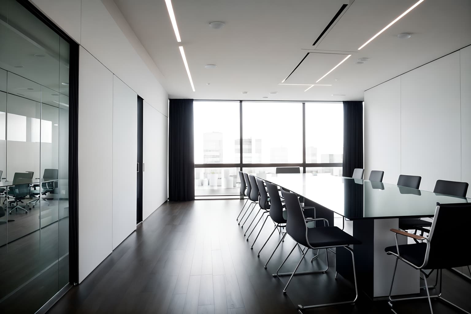 minimalist-style (meeting room interior) with vase and glass walls and plant and glass doors and cabinets and office chairs and painting or photo on wall and boardroom table. . with a monochromatic palette with colour used as an accent and an open floor plan and lots of light and functional furniture and clean lines and focus on the shape, colour and texture of just a few of essential elements and a monochromatic palette with colour used as an accent. . cinematic photo, highly detailed, cinematic lighting, ultra-detailed, ultrarealistic, photorealism, 8k. minimalist interior design style. masterpiece, cinematic light, ultrarealistic+, photorealistic+, 8k, raw photo, realistic, sharp focus on eyes, (symmetrical eyes), (intact eyes), hyperrealistic, highest quality, best quality, , highly detailed, masterpiece, best quality, extremely detailed 8k wallpaper, masterpiece, best quality, ultra-detailed, best shadow, detailed background, detailed face, detailed eyes, high contrast, best illumination, detailed face, dulux, caustic, dynamic angle, detailed glow. dramatic lighting. highly detailed, insanely detailed hair, symmetrical, intricate details, professionally retouched, 8k high definition. strong bokeh. award winning photo.