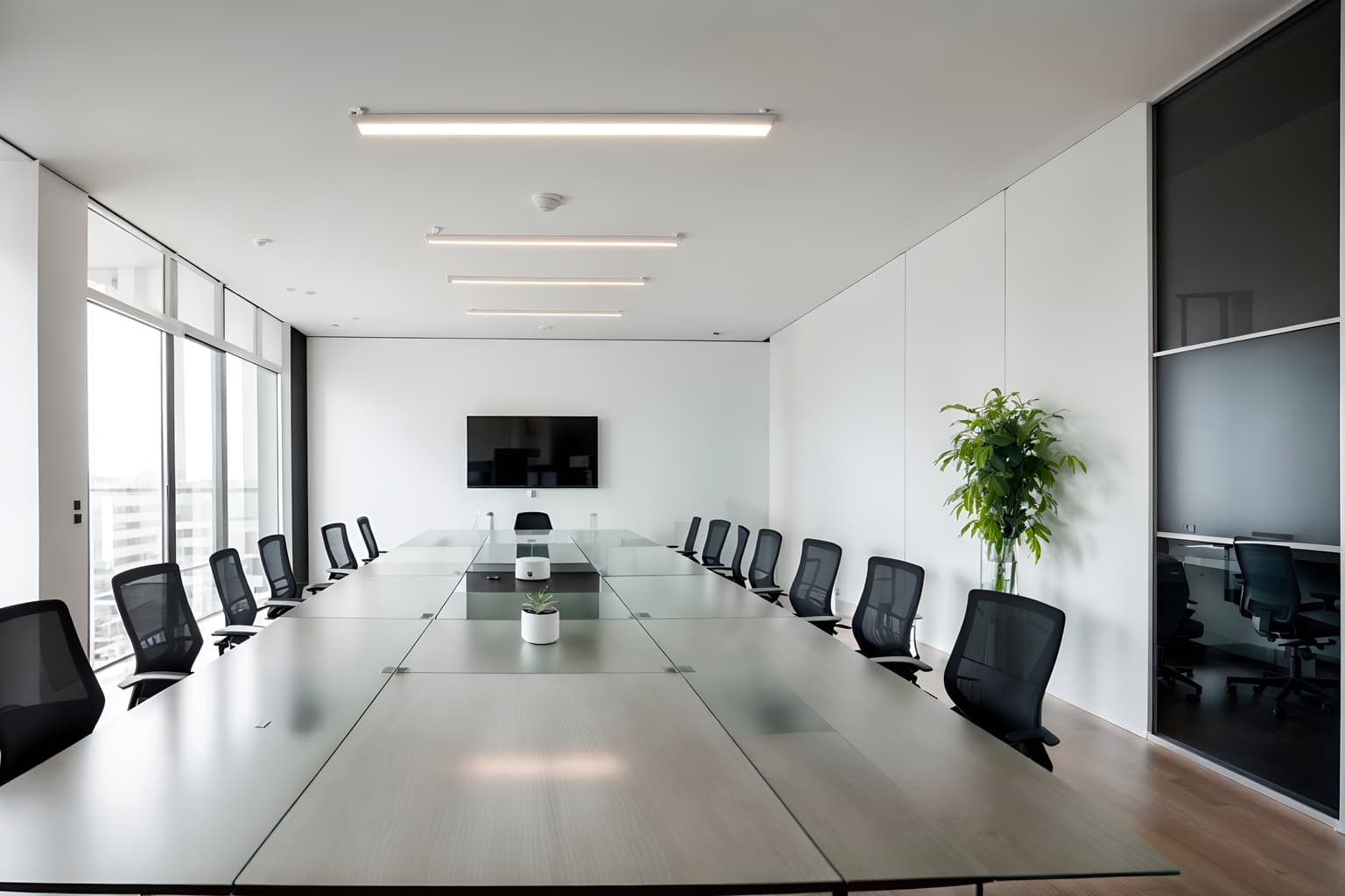 minimalist-style (meeting room interior) with vase and glass walls and plant and glass doors and cabinets and office chairs and painting or photo on wall and boardroom table. . with a monochromatic palette with colour used as an accent and an open floor plan and lots of light and functional furniture and clean lines and focus on the shape, colour and texture of just a few of essential elements and a monochromatic palette with colour used as an accent. . cinematic photo, highly detailed, cinematic lighting, ultra-detailed, ultrarealistic, photorealism, 8k. minimalist interior design style. masterpiece, cinematic light, ultrarealistic+, photorealistic+, 8k, raw photo, realistic, sharp focus on eyes, (symmetrical eyes), (intact eyes), hyperrealistic, highest quality, best quality, , highly detailed, masterpiece, best quality, extremely detailed 8k wallpaper, masterpiece, best quality, ultra-detailed, best shadow, detailed background, detailed face, detailed eyes, high contrast, best illumination, detailed face, dulux, caustic, dynamic angle, detailed glow. dramatic lighting. highly detailed, insanely detailed hair, symmetrical, intricate details, professionally retouched, 8k high definition. strong bokeh. award winning photo.