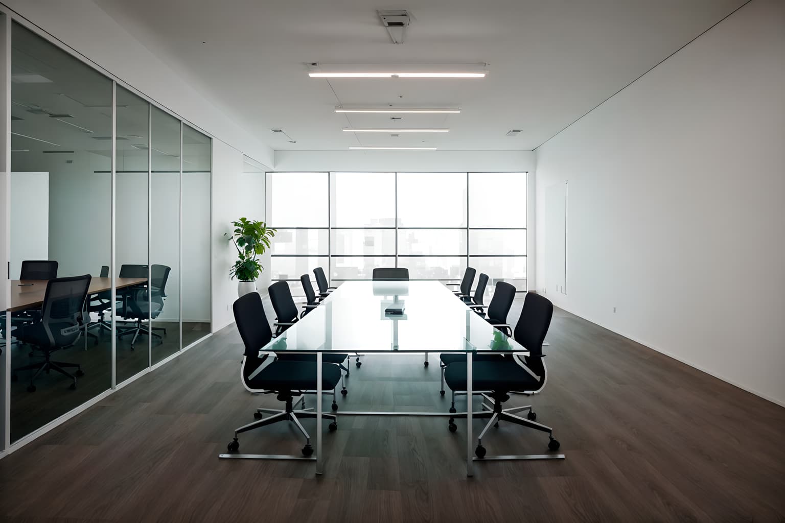minimalist-style (meeting room interior) with vase and glass walls and plant and glass doors and cabinets and office chairs and painting or photo on wall and boardroom table. . with a monochromatic palette with colour used as an accent and an open floor plan and lots of light and functional furniture and clean lines and focus on the shape, colour and texture of just a few of essential elements and a monochromatic palette with colour used as an accent. . cinematic photo, highly detailed, cinematic lighting, ultra-detailed, ultrarealistic, photorealism, 8k. minimalist interior design style. masterpiece, cinematic light, ultrarealistic+, photorealistic+, 8k, raw photo, realistic, sharp focus on eyes, (symmetrical eyes), (intact eyes), hyperrealistic, highest quality, best quality, , highly detailed, masterpiece, best quality, extremely detailed 8k wallpaper, masterpiece, best quality, ultra-detailed, best shadow, detailed background, detailed face, detailed eyes, high contrast, best illumination, detailed face, dulux, caustic, dynamic angle, detailed glow. dramatic lighting. highly detailed, insanely detailed hair, symmetrical, intricate details, professionally retouched, 8k high definition. strong bokeh. award winning photo.