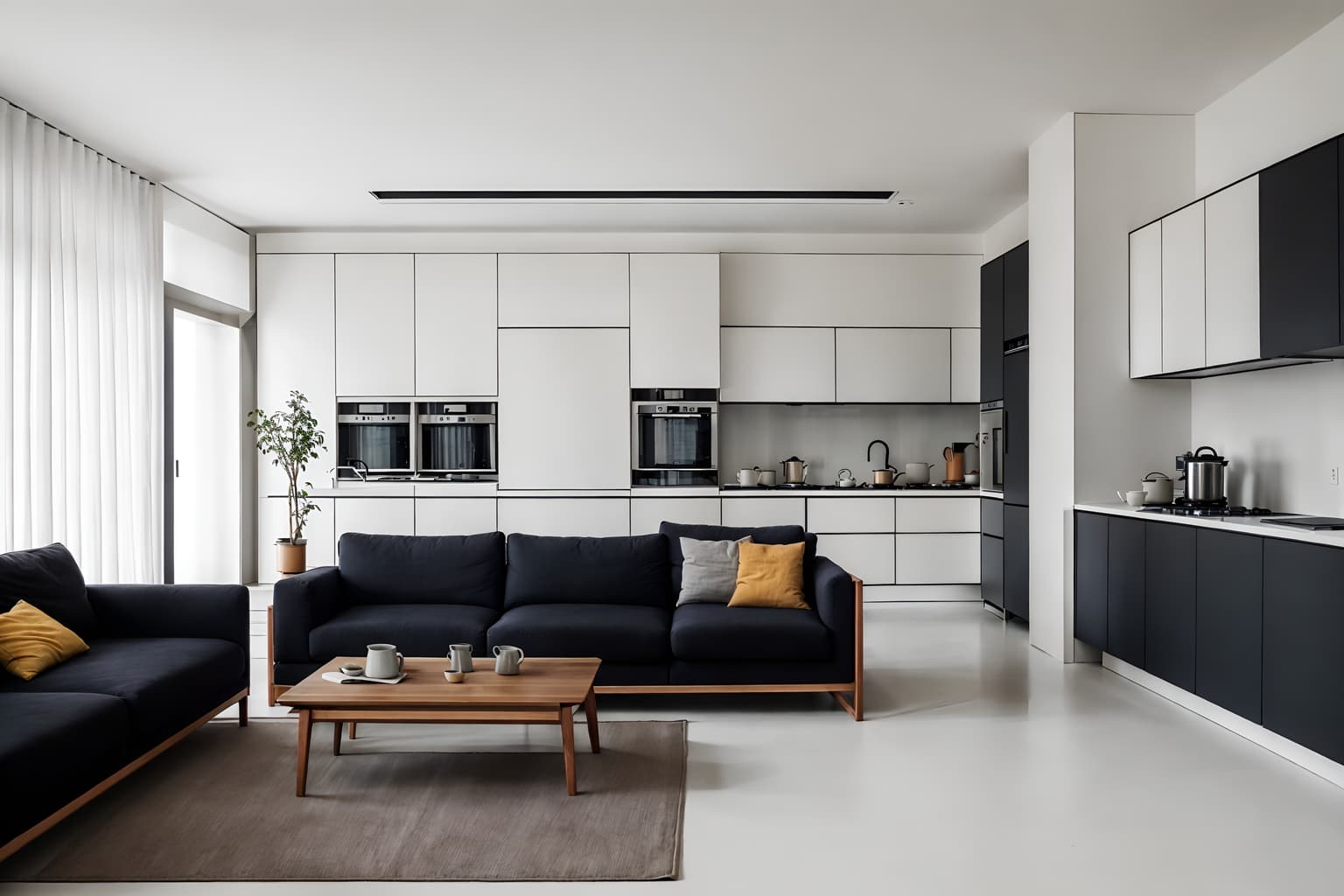 minimalist-style (kitchen living combo interior) with coffee tables and chairs and occasional tables and stove and worktops and refrigerator and furniture and sofa. . with lots of light and functional furniture and focus on the shape, colour and texture of just a few of essential elements and clean lines and an open floor plan and a monochromatic palette with colour used as an accent and lots of light. . cinematic photo, highly detailed, cinematic lighting, ultra-detailed, ultrarealistic, photorealism, 8k. minimalist interior design style. masterpiece, cinematic light, ultrarealistic+, photorealistic+, 8k, raw photo, realistic, sharp focus on eyes, (symmetrical eyes), (intact eyes), hyperrealistic, highest quality, best quality, , highly detailed, masterpiece, best quality, extremely detailed 8k wallpaper, masterpiece, best quality, ultra-detailed, best shadow, detailed background, detailed face, detailed eyes, high contrast, best illumination, detailed face, dulux, caustic, dynamic angle, detailed glow. dramatic lighting. highly detailed, insanely detailed hair, symmetrical, intricate details, professionally retouched, 8k high definition. strong bokeh. award winning photo.