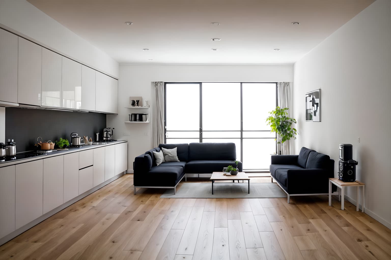 minimalist-style (kitchen living combo interior) with coffee tables and chairs and occasional tables and stove and worktops and refrigerator and furniture and sofa. . with lots of light and functional furniture and focus on the shape, colour and texture of just a few of essential elements and clean lines and an open floor plan and a monochromatic palette with colour used as an accent and lots of light. . cinematic photo, highly detailed, cinematic lighting, ultra-detailed, ultrarealistic, photorealism, 8k. minimalist interior design style. masterpiece, cinematic light, ultrarealistic+, photorealistic+, 8k, raw photo, realistic, sharp focus on eyes, (symmetrical eyes), (intact eyes), hyperrealistic, highest quality, best quality, , highly detailed, masterpiece, best quality, extremely detailed 8k wallpaper, masterpiece, best quality, ultra-detailed, best shadow, detailed background, detailed face, detailed eyes, high contrast, best illumination, detailed face, dulux, caustic, dynamic angle, detailed glow. dramatic lighting. highly detailed, insanely detailed hair, symmetrical, intricate details, professionally retouched, 8k high definition. strong bokeh. award winning photo.