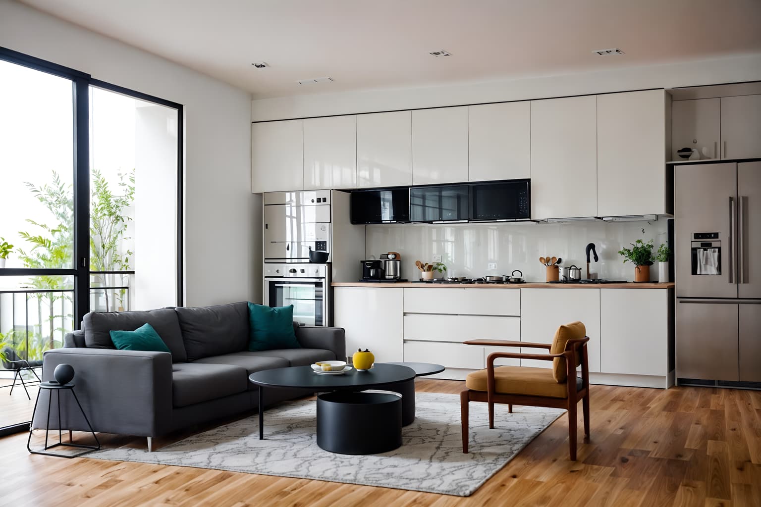 minimalist-style (kitchen living combo interior) with coffee tables and chairs and occasional tables and stove and worktops and refrigerator and furniture and sofa. . with lots of light and functional furniture and focus on the shape, colour and texture of just a few of essential elements and clean lines and an open floor plan and a monochromatic palette with colour used as an accent and lots of light. . cinematic photo, highly detailed, cinematic lighting, ultra-detailed, ultrarealistic, photorealism, 8k. minimalist interior design style. masterpiece, cinematic light, ultrarealistic+, photorealistic+, 8k, raw photo, realistic, sharp focus on eyes, (symmetrical eyes), (intact eyes), hyperrealistic, highest quality, best quality, , highly detailed, masterpiece, best quality, extremely detailed 8k wallpaper, masterpiece, best quality, ultra-detailed, best shadow, detailed background, detailed face, detailed eyes, high contrast, best illumination, detailed face, dulux, caustic, dynamic angle, detailed glow. dramatic lighting. highly detailed, insanely detailed hair, symmetrical, intricate details, professionally retouched, 8k high definition. strong bokeh. award winning photo.
