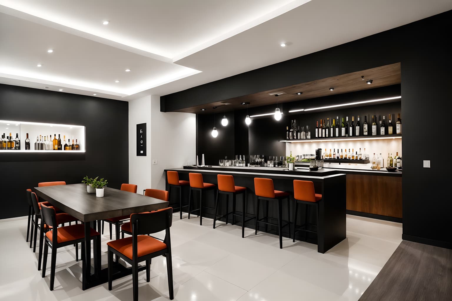 minimalist-style (restaurant interior) with restaurant decor and restaurant bar and restaurant dining tables and restaurant chairs and restaurant decor. . with a monochromatic palette with colour used as an accent and functional furniture and an open floor plan and focus on the shape, colour and texture of just a few of essential elements and lots of light and clean lines and a monochromatic palette with colour used as an accent. . cinematic photo, highly detailed, cinematic lighting, ultra-detailed, ultrarealistic, photorealism, 8k. minimalist interior design style. masterpiece, cinematic light, ultrarealistic+, photorealistic+, 8k, raw photo, realistic, sharp focus on eyes, (symmetrical eyes), (intact eyes), hyperrealistic, highest quality, best quality, , highly detailed, masterpiece, best quality, extremely detailed 8k wallpaper, masterpiece, best quality, ultra-detailed, best shadow, detailed background, detailed face, detailed eyes, high contrast, best illumination, detailed face, dulux, caustic, dynamic angle, detailed glow. dramatic lighting. highly detailed, insanely detailed hair, symmetrical, intricate details, professionally retouched, 8k high definition. strong bokeh. award winning photo.