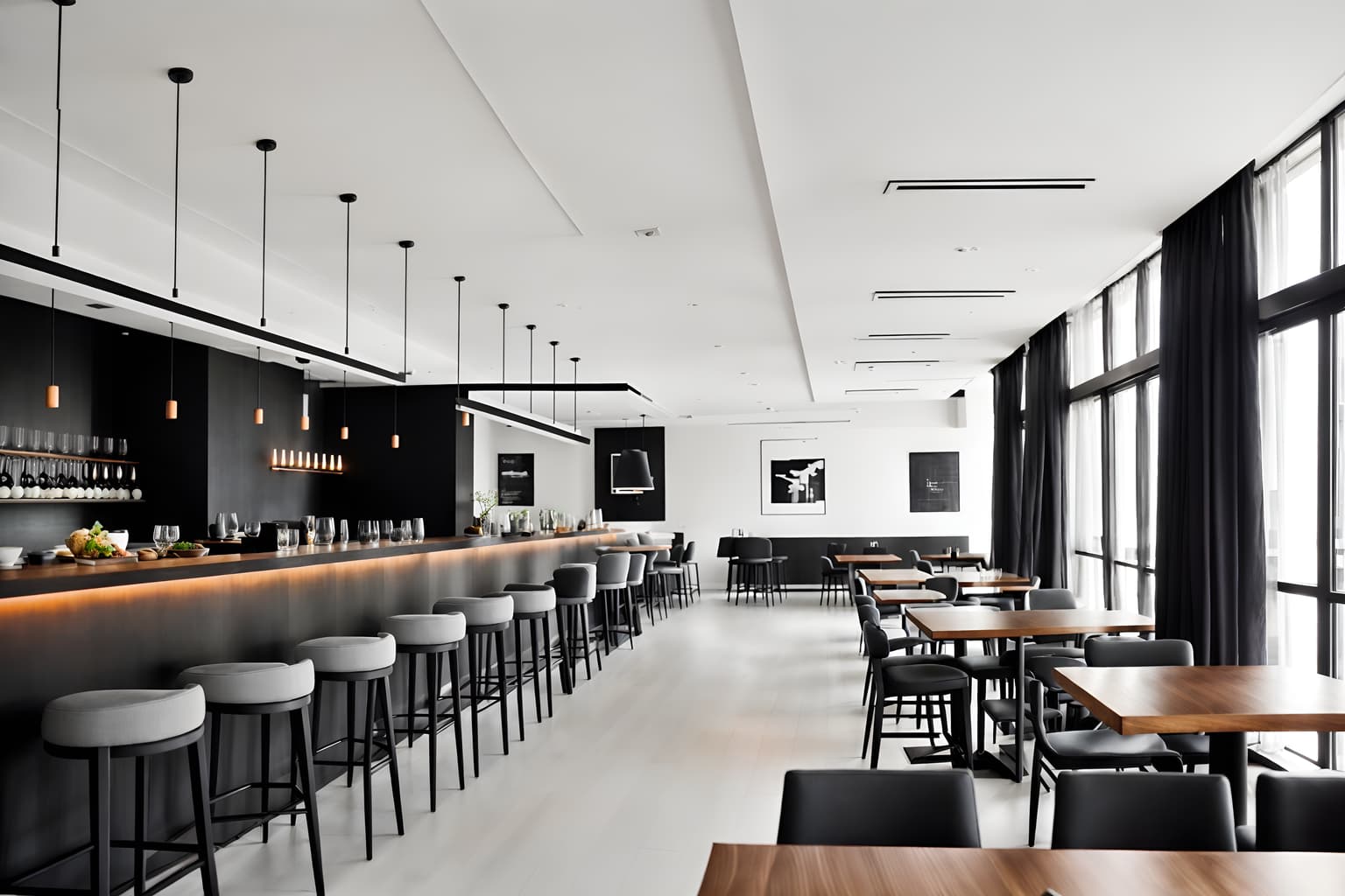 minimalist-style (restaurant interior) with restaurant decor and restaurant bar and restaurant dining tables and restaurant chairs and restaurant decor. . with a monochromatic palette with colour used as an accent and functional furniture and an open floor plan and focus on the shape, colour and texture of just a few of essential elements and lots of light and clean lines and a monochromatic palette with colour used as an accent. . cinematic photo, highly detailed, cinematic lighting, ultra-detailed, ultrarealistic, photorealism, 8k. minimalist interior design style. masterpiece, cinematic light, ultrarealistic+, photorealistic+, 8k, raw photo, realistic, sharp focus on eyes, (symmetrical eyes), (intact eyes), hyperrealistic, highest quality, best quality, , highly detailed, masterpiece, best quality, extremely detailed 8k wallpaper, masterpiece, best quality, ultra-detailed, best shadow, detailed background, detailed face, detailed eyes, high contrast, best illumination, detailed face, dulux, caustic, dynamic angle, detailed glow. dramatic lighting. highly detailed, insanely detailed hair, symmetrical, intricate details, professionally retouched, 8k high definition. strong bokeh. award winning photo.