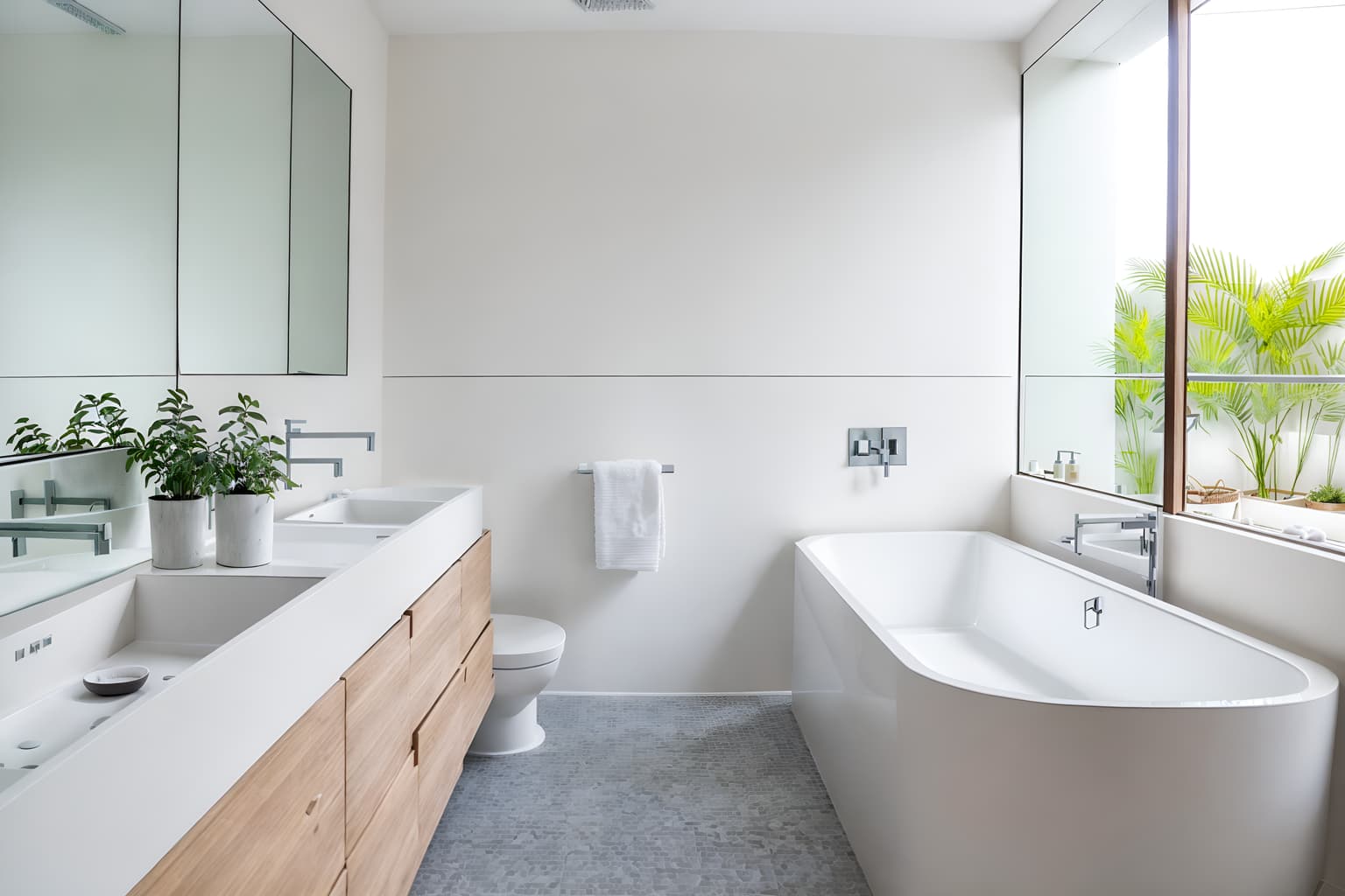 minimalist-style (hotel bathroom interior) with bathtub and waste basket and mirror and shower and plant and bath towel and bathroom cabinet and bathroom sink with faucet. . with an open floor plan and lots of light and focus on the shape, colour and texture of just a few of essential elements and clean lines and a monochromatic palette with colour used as an accent and functional furniture and an open floor plan. . cinematic photo, highly detailed, cinematic lighting, ultra-detailed, ultrarealistic, photorealism, 8k. minimalist interior design style. masterpiece, cinematic light, ultrarealistic+, photorealistic+, 8k, raw photo, realistic, sharp focus on eyes, (symmetrical eyes), (intact eyes), hyperrealistic, highest quality, best quality, , highly detailed, masterpiece, best quality, extremely detailed 8k wallpaper, masterpiece, best quality, ultra-detailed, best shadow, detailed background, detailed face, detailed eyes, high contrast, best illumination, detailed face, dulux, caustic, dynamic angle, detailed glow. dramatic lighting. highly detailed, insanely detailed hair, symmetrical, intricate details, professionally retouched, 8k high definition. strong bokeh. award winning photo.