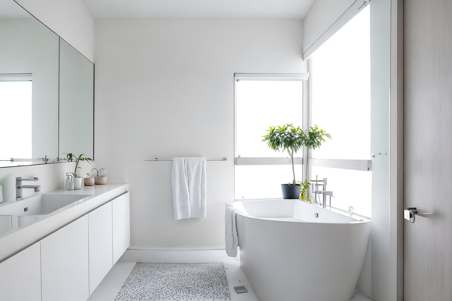minimalist-style (hotel bathroom interior) with bathtub and waste basket and mirror and shower and plant and bath towel and bathroom cabinet and bathroom sink with faucet. . with an open floor plan and lots of light and focus on the shape, colour and texture of just a few of essential elements and clean lines and a monochromatic palette with colour used as an accent and functional furniture and an open floor plan. . cinematic photo, highly detailed, cinematic lighting, ultra-detailed, ultrarealistic, photorealism, 8k. minimalist interior design style. masterpiece, cinematic light, ultrarealistic+, photorealistic+, 8k, raw photo, realistic, sharp focus on eyes, (symmetrical eyes), (intact eyes), hyperrealistic, highest quality, best quality, , highly detailed, masterpiece, best quality, extremely detailed 8k wallpaper, masterpiece, best quality, ultra-detailed, best shadow, detailed background, detailed face, detailed eyes, high contrast, best illumination, detailed face, dulux, caustic, dynamic angle, detailed glow. dramatic lighting. highly detailed, insanely detailed hair, symmetrical, intricate details, professionally retouched, 8k high definition. strong bokeh. award winning photo.
