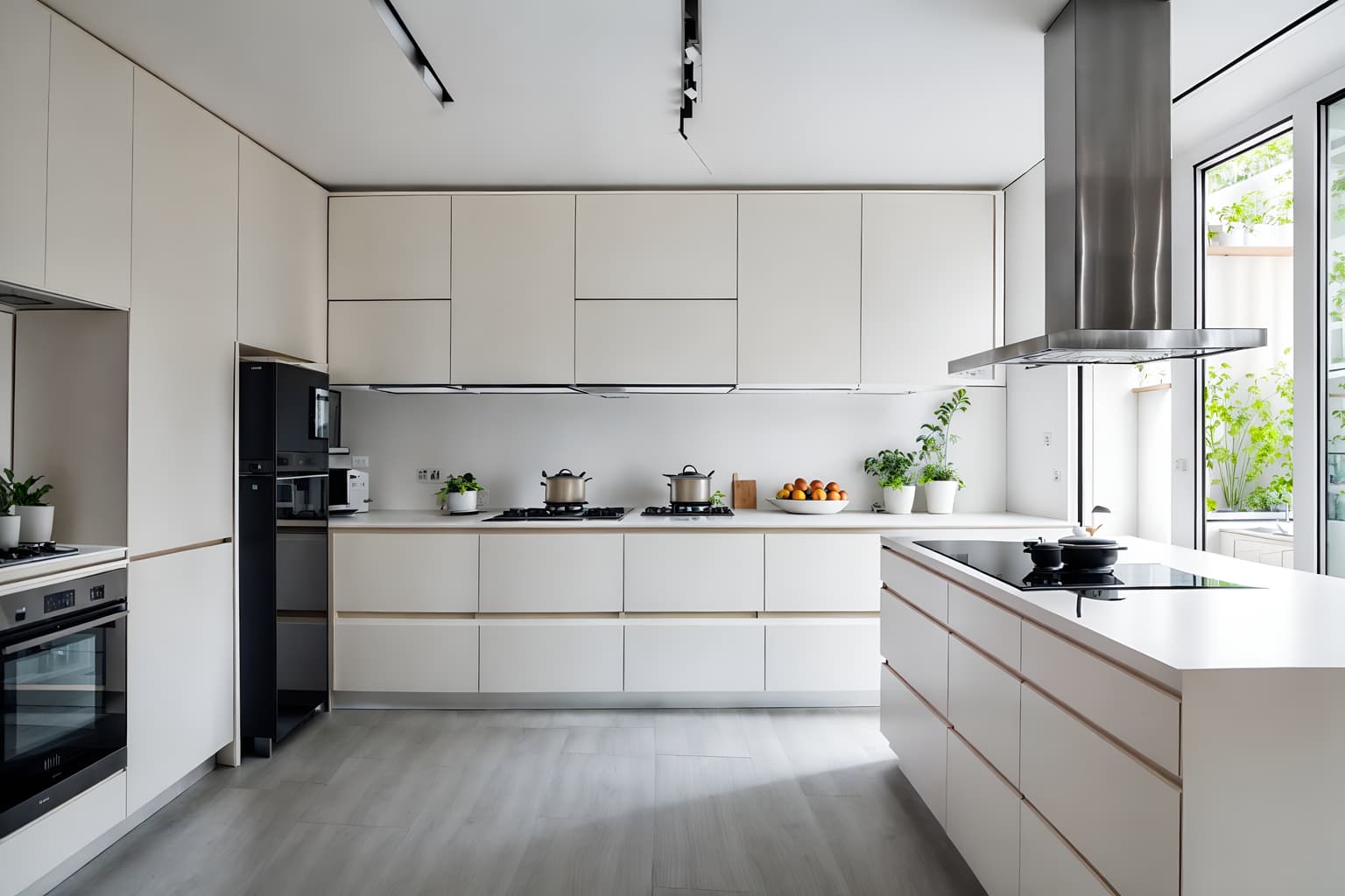minimalist-style (kitchen interior) with kitchen cabinets and stove and plant and refrigerator and sink and worktops and kitchen cabinets. . with an open floor plan and functional furniture and clean lines and lots of light and focus on the shape, colour and texture of just a few of essential elements and a monochromatic palette with colour used as an accent and an open floor plan. . cinematic photo, highly detailed, cinematic lighting, ultra-detailed, ultrarealistic, photorealism, 8k. minimalist interior design style. masterpiece, cinematic light, ultrarealistic+, photorealistic+, 8k, raw photo, realistic, sharp focus on eyes, (symmetrical eyes), (intact eyes), hyperrealistic, highest quality, best quality, , highly detailed, masterpiece, best quality, extremely detailed 8k wallpaper, masterpiece, best quality, ultra-detailed, best shadow, detailed background, detailed face, detailed eyes, high contrast, best illumination, detailed face, dulux, caustic, dynamic angle, detailed glow. dramatic lighting. highly detailed, insanely detailed hair, symmetrical, intricate details, professionally retouched, 8k high definition. strong bokeh. award winning photo.