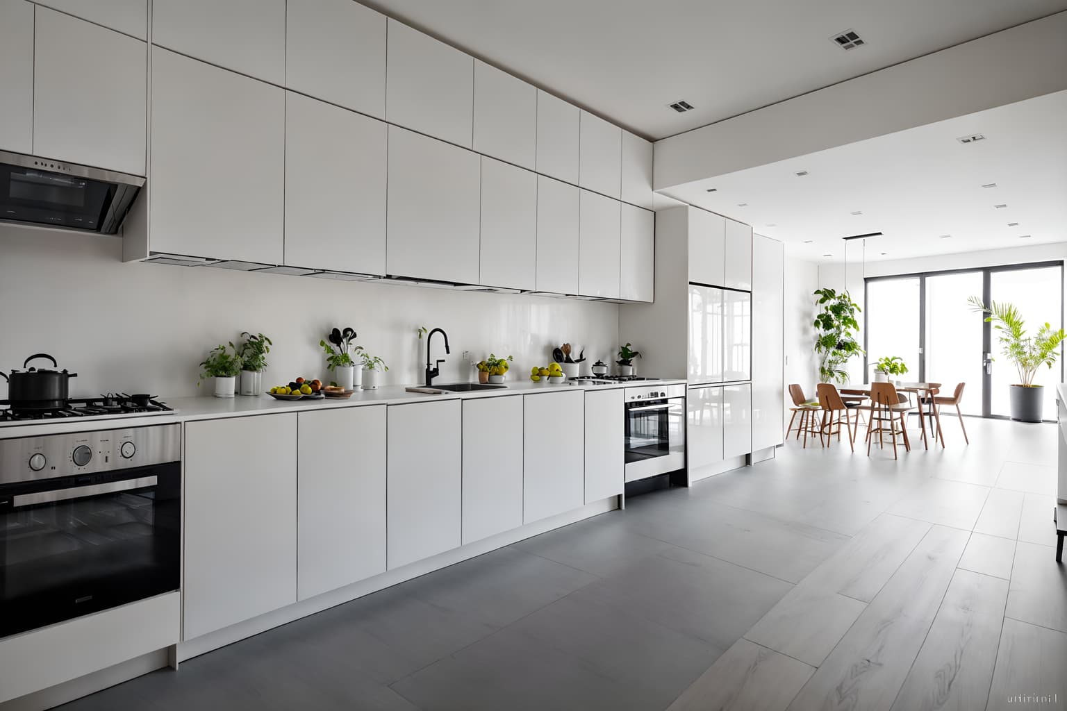 minimalist-style (kitchen interior) with kitchen cabinets and stove and plant and refrigerator and sink and worktops and kitchen cabinets. . with an open floor plan and functional furniture and clean lines and lots of light and focus on the shape, colour and texture of just a few of essential elements and a monochromatic palette with colour used as an accent and an open floor plan. . cinematic photo, highly detailed, cinematic lighting, ultra-detailed, ultrarealistic, photorealism, 8k. minimalist interior design style. masterpiece, cinematic light, ultrarealistic+, photorealistic+, 8k, raw photo, realistic, sharp focus on eyes, (symmetrical eyes), (intact eyes), hyperrealistic, highest quality, best quality, , highly detailed, masterpiece, best quality, extremely detailed 8k wallpaper, masterpiece, best quality, ultra-detailed, best shadow, detailed background, detailed face, detailed eyes, high contrast, best illumination, detailed face, dulux, caustic, dynamic angle, detailed glow. dramatic lighting. highly detailed, insanely detailed hair, symmetrical, intricate details, professionally retouched, 8k high definition. strong bokeh. award winning photo.