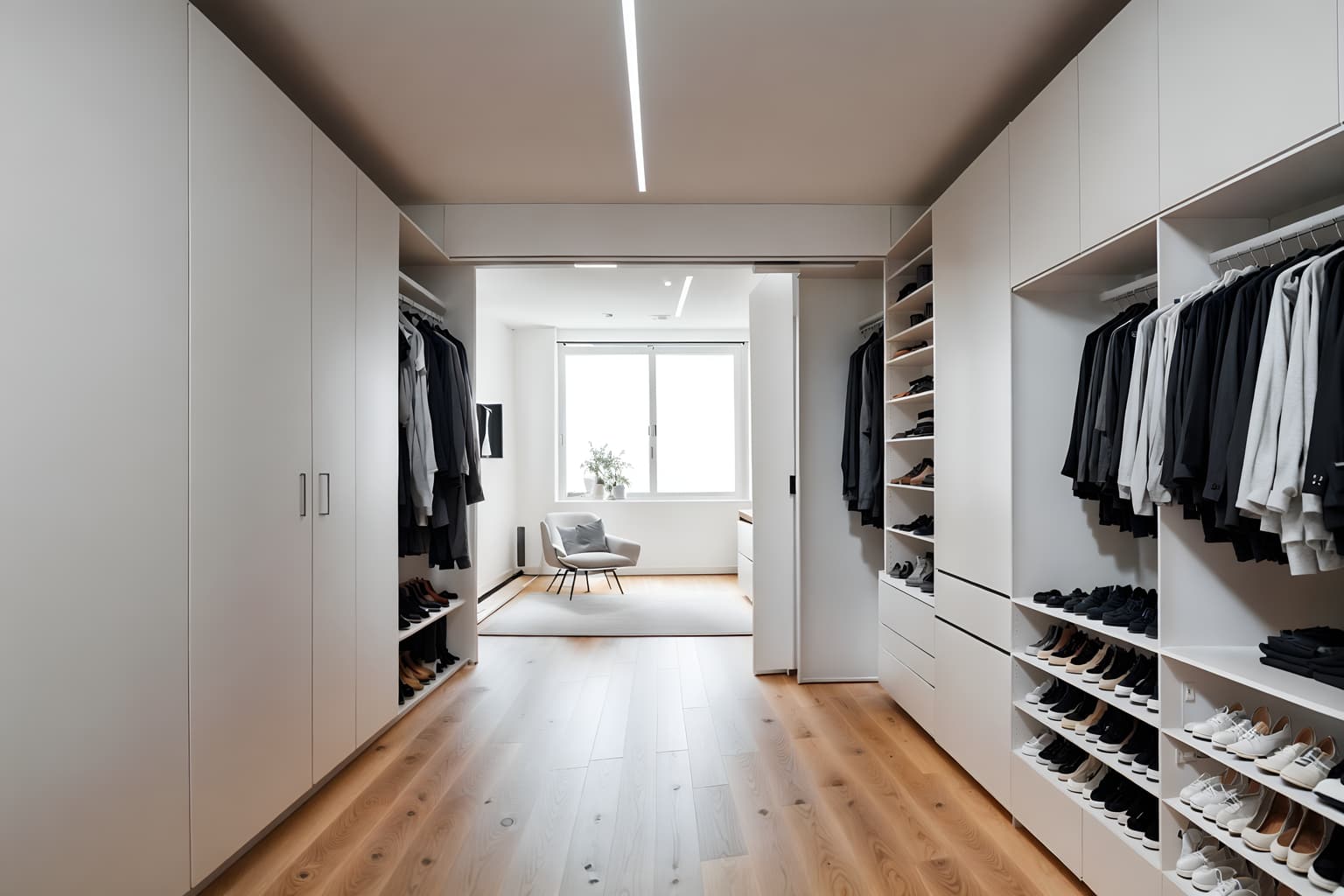 minimalist-style (walk in closet interior) . with an open floor plan and clean lines and a monochromatic palette with colour used as an accent and functional furniture and focus on the shape, colour and texture of just a few of essential elements and lots of light and an open floor plan. . cinematic photo, highly detailed, cinematic lighting, ultra-detailed, ultrarealistic, photorealism, 8k. minimalist interior design style. masterpiece, cinematic light, ultrarealistic+, photorealistic+, 8k, raw photo, realistic, sharp focus on eyes, (symmetrical eyes), (intact eyes), hyperrealistic, highest quality, best quality, , highly detailed, masterpiece, best quality, extremely detailed 8k wallpaper, masterpiece, best quality, ultra-detailed, best shadow, detailed background, detailed face, detailed eyes, high contrast, best illumination, detailed face, dulux, caustic, dynamic angle, detailed glow. dramatic lighting. highly detailed, insanely detailed hair, symmetrical, intricate details, professionally retouched, 8k high definition. strong bokeh. award winning photo.