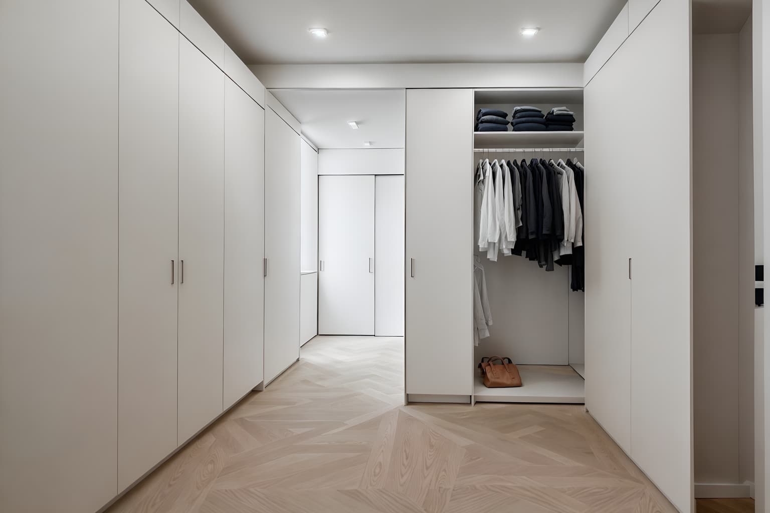 minimalist-style (walk in closet interior) . with an open floor plan and clean lines and a monochromatic palette with colour used as an accent and functional furniture and focus on the shape, colour and texture of just a few of essential elements and lots of light and an open floor plan. . cinematic photo, highly detailed, cinematic lighting, ultra-detailed, ultrarealistic, photorealism, 8k. minimalist interior design style. masterpiece, cinematic light, ultrarealistic+, photorealistic+, 8k, raw photo, realistic, sharp focus on eyes, (symmetrical eyes), (intact eyes), hyperrealistic, highest quality, best quality, , highly detailed, masterpiece, best quality, extremely detailed 8k wallpaper, masterpiece, best quality, ultra-detailed, best shadow, detailed background, detailed face, detailed eyes, high contrast, best illumination, detailed face, dulux, caustic, dynamic angle, detailed glow. dramatic lighting. highly detailed, insanely detailed hair, symmetrical, intricate details, professionally retouched, 8k high definition. strong bokeh. award winning photo.