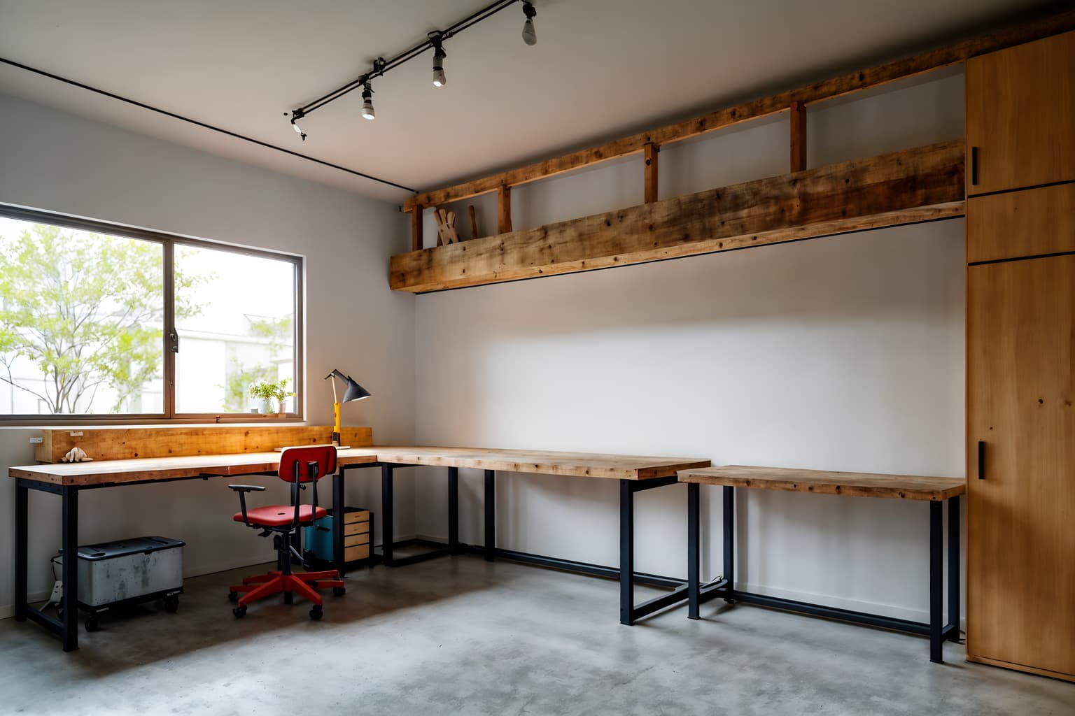 minimalist-style (workshop interior) with wooden workbench and tool wall and messy and wooden workbench. . with functional furniture and a monochromatic palette with colour used as an accent and an open floor plan and focus on the shape, colour and texture of just a few of essential elements and lots of light and clean lines and functional furniture. . cinematic photo, highly detailed, cinematic lighting, ultra-detailed, ultrarealistic, photorealism, 8k. minimalist interior design style. masterpiece, cinematic light, ultrarealistic+, photorealistic+, 8k, raw photo, realistic, sharp focus on eyes, (symmetrical eyes), (intact eyes), hyperrealistic, highest quality, best quality, , highly detailed, masterpiece, best quality, extremely detailed 8k wallpaper, masterpiece, best quality, ultra-detailed, best shadow, detailed background, detailed face, detailed eyes, high contrast, best illumination, detailed face, dulux, caustic, dynamic angle, detailed glow. dramatic lighting. highly detailed, insanely detailed hair, symmetrical, intricate details, professionally retouched, 8k high definition. strong bokeh. award winning photo.
