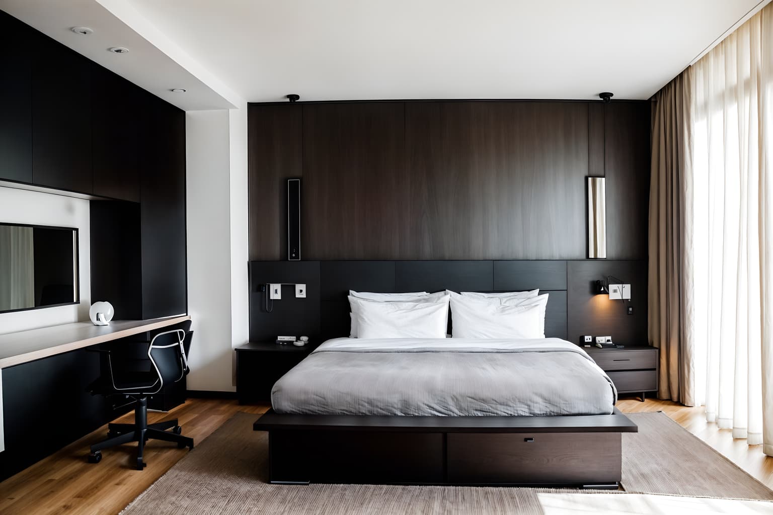 minimalist-style (hotel room interior) with bed and mirror and accent chair and storage bench or ottoman and working desk with desk chair and night light and headboard and hotel bathroom. . with lots of light and an open floor plan and clean lines and focus on the shape, colour and texture of just a few of essential elements and functional furniture and a monochromatic palette with colour used as an accent and lots of light. . cinematic photo, highly detailed, cinematic lighting, ultra-detailed, ultrarealistic, photorealism, 8k. minimalist interior design style. masterpiece, cinematic light, ultrarealistic+, photorealistic+, 8k, raw photo, realistic, sharp focus on eyes, (symmetrical eyes), (intact eyes), hyperrealistic, highest quality, best quality, , highly detailed, masterpiece, best quality, extremely detailed 8k wallpaper, masterpiece, best quality, ultra-detailed, best shadow, detailed background, detailed face, detailed eyes, high contrast, best illumination, detailed face, dulux, caustic, dynamic angle, detailed glow. dramatic lighting. highly detailed, insanely detailed hair, symmetrical, intricate details, professionally retouched, 8k high definition. strong bokeh. award winning photo.