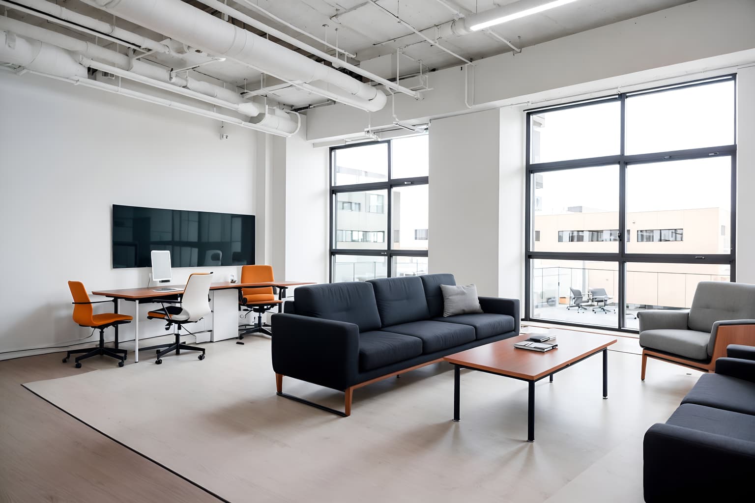 minimalist-style (coworking space interior) with office desks and lounge chairs and office chairs and seating area with sofa and office desks. . with a monochromatic palette with colour used as an accent and an open floor plan and lots of light and clean lines and functional furniture and focus on the shape, colour and texture of just a few of essential elements and a monochromatic palette with colour used as an accent. . cinematic photo, highly detailed, cinematic lighting, ultra-detailed, ultrarealistic, photorealism, 8k. minimalist interior design style. masterpiece, cinematic light, ultrarealistic+, photorealistic+, 8k, raw photo, realistic, sharp focus on eyes, (symmetrical eyes), (intact eyes), hyperrealistic, highest quality, best quality, , highly detailed, masterpiece, best quality, extremely detailed 8k wallpaper, masterpiece, best quality, ultra-detailed, best shadow, detailed background, detailed face, detailed eyes, high contrast, best illumination, detailed face, dulux, caustic, dynamic angle, detailed glow. dramatic lighting. highly detailed, insanely detailed hair, symmetrical, intricate details, professionally retouched, 8k high definition. strong bokeh. award winning photo.