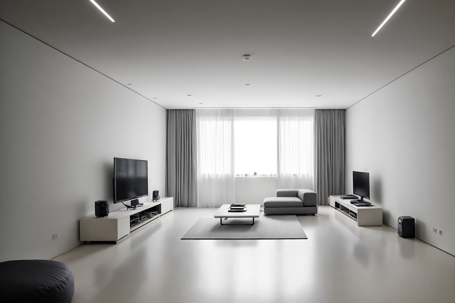minimalist-style (gaming room interior) . with clean lines and an open floor plan and a monochromatic palette with colour used as an accent and lots of light and focus on the shape, colour and texture of just a few of essential elements and functional furniture and clean lines. . cinematic photo, highly detailed, cinematic lighting, ultra-detailed, ultrarealistic, photorealism, 8k. minimalist interior design style. masterpiece, cinematic light, ultrarealistic+, photorealistic+, 8k, raw photo, realistic, sharp focus on eyes, (symmetrical eyes), (intact eyes), hyperrealistic, highest quality, best quality, , highly detailed, masterpiece, best quality, extremely detailed 8k wallpaper, masterpiece, best quality, ultra-detailed, best shadow, detailed background, detailed face, detailed eyes, high contrast, best illumination, detailed face, dulux, caustic, dynamic angle, detailed glow. dramatic lighting. highly detailed, insanely detailed hair, symmetrical, intricate details, professionally retouched, 8k high definition. strong bokeh. award winning photo.