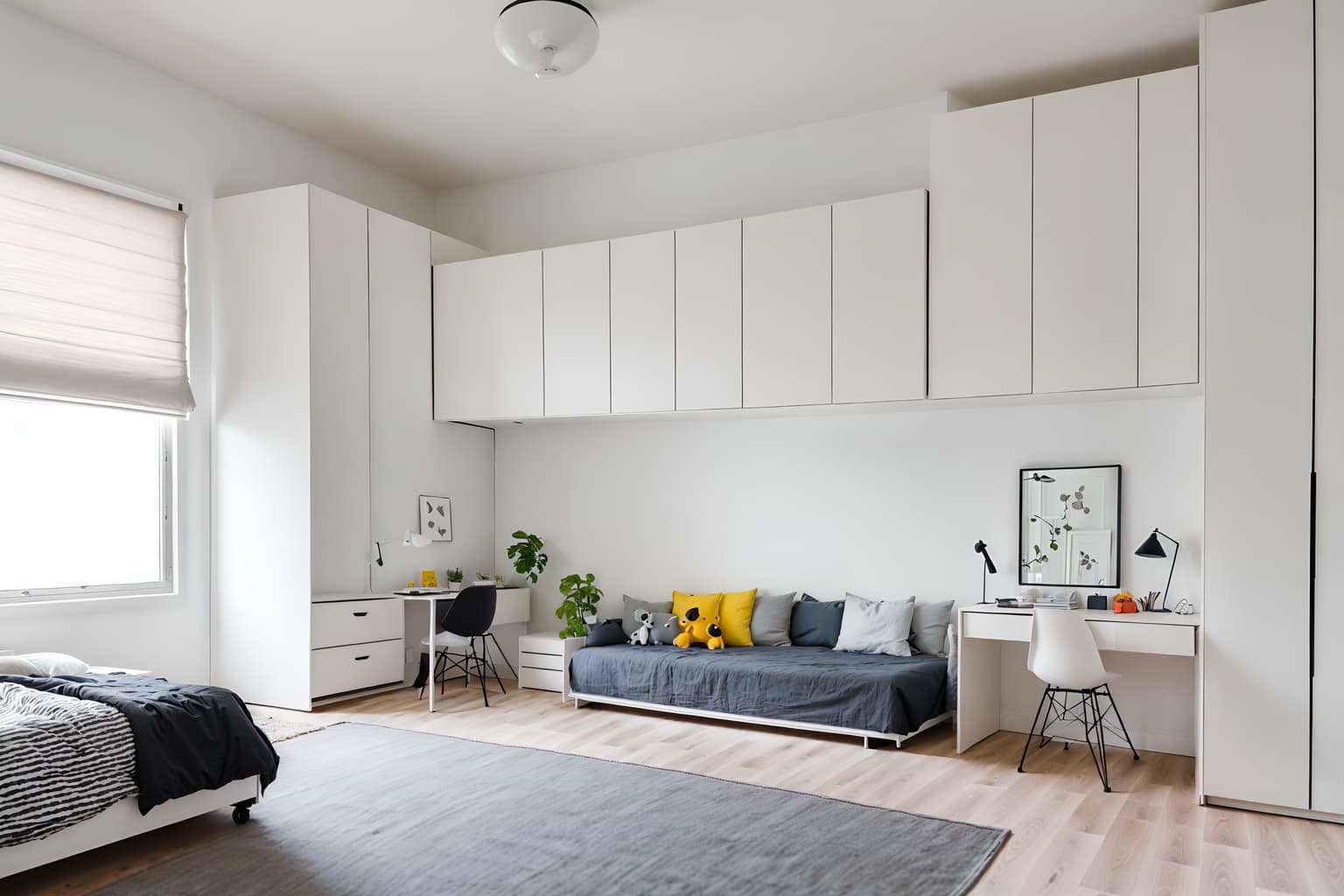 minimalist-style (kids room interior) with plant and night light and headboard and mirror and kids desk and dresser closet and storage bench or ottoman and bed. . with an open floor plan and functional furniture and clean lines and a monochromatic palette with colour used as an accent and focus on the shape, colour and texture of just a few of essential elements and lots of light and an open floor plan. . cinematic photo, highly detailed, cinematic lighting, ultra-detailed, ultrarealistic, photorealism, 8k. minimalist interior design style. masterpiece, cinematic light, ultrarealistic+, photorealistic+, 8k, raw photo, realistic, sharp focus on eyes, (symmetrical eyes), (intact eyes), hyperrealistic, highest quality, best quality, , highly detailed, masterpiece, best quality, extremely detailed 8k wallpaper, masterpiece, best quality, ultra-detailed, best shadow, detailed background, detailed face, detailed eyes, high contrast, best illumination, detailed face, dulux, caustic, dynamic angle, detailed glow. dramatic lighting. highly detailed, insanely detailed hair, symmetrical, intricate details, professionally retouched, 8k high definition. strong bokeh. award winning photo.