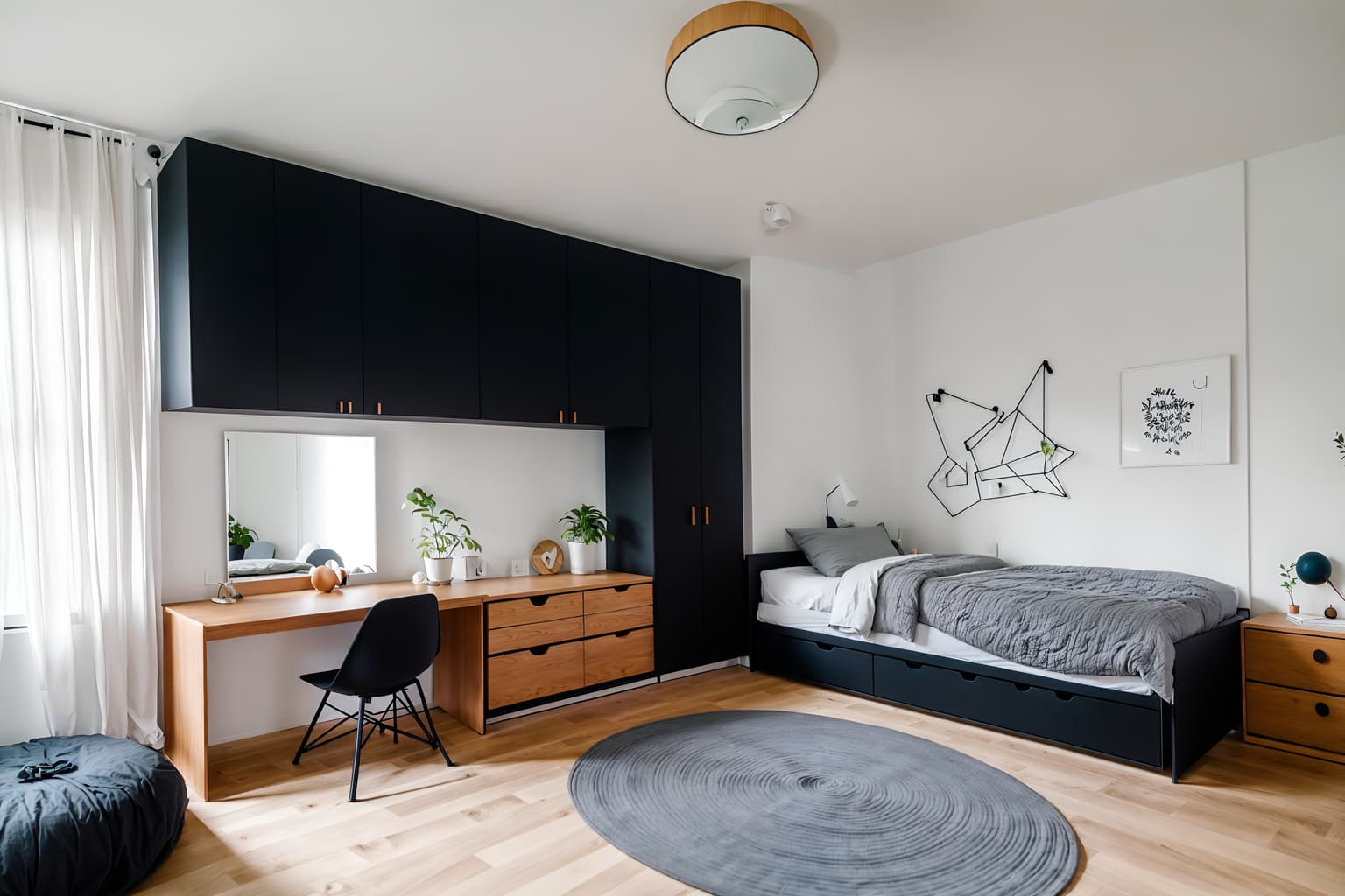 minimalist-style (kids room interior) with plant and night light and headboard and mirror and kids desk and dresser closet and storage bench or ottoman and bed. . with an open floor plan and functional furniture and clean lines and a monochromatic palette with colour used as an accent and focus on the shape, colour and texture of just a few of essential elements and lots of light and an open floor plan. . cinematic photo, highly detailed, cinematic lighting, ultra-detailed, ultrarealistic, photorealism, 8k. minimalist interior design style. masterpiece, cinematic light, ultrarealistic+, photorealistic+, 8k, raw photo, realistic, sharp focus on eyes, (symmetrical eyes), (intact eyes), hyperrealistic, highest quality, best quality, , highly detailed, masterpiece, best quality, extremely detailed 8k wallpaper, masterpiece, best quality, ultra-detailed, best shadow, detailed background, detailed face, detailed eyes, high contrast, best illumination, detailed face, dulux, caustic, dynamic angle, detailed glow. dramatic lighting. highly detailed, insanely detailed hair, symmetrical, intricate details, professionally retouched, 8k high definition. strong bokeh. award winning photo.