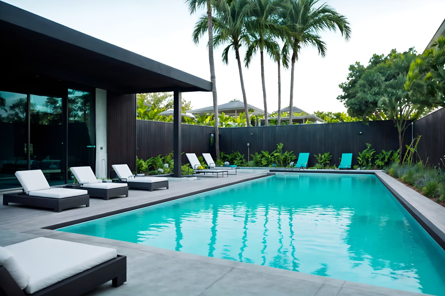 minimalist-style designed (outdoor pool area ) with pool and pool lights and pool lounge chairs and pool. . with lots of light and focus on the shape, colour and texture of just a few of essential elements and clean lines and a monochromatic palette with colour used as an accent and an open floor plan and functional furniture and lots of light. . cinematic photo, highly detailed, cinematic lighting, ultra-detailed, ultrarealistic, photorealism, 8k. minimalist design style. masterpiece, cinematic light, ultrarealistic+, photorealistic+, 8k, raw photo, realistic, sharp focus on eyes, (symmetrical eyes), (intact eyes), hyperrealistic, highest quality, best quality, , highly detailed, masterpiece, best quality, extremely detailed 8k wallpaper, masterpiece, best quality, ultra-detailed, best shadow, detailed background, detailed face, detailed eyes, high contrast, best illumination, detailed face, dulux, caustic, dynamic angle, detailed glow. dramatic lighting. highly detailed, insanely detailed hair, symmetrical, intricate details, professionally retouched, 8k high definition. strong bokeh. award winning photo.