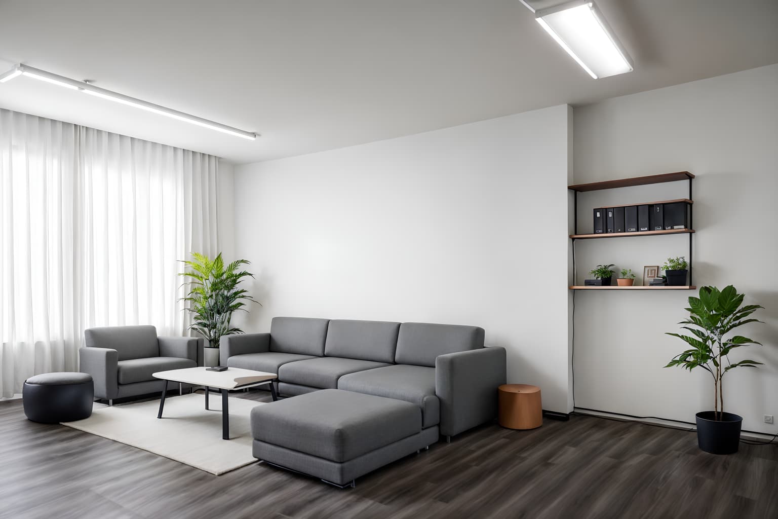 minimalist-style (office interior) with office chairs and seating area with sofa and cabinets and desk lamps and plants and computer desks and lounge chairs and office desks. . with clean lines and an open floor plan and focus on the shape, colour and texture of just a few of essential elements and functional furniture and a monochromatic palette with colour used as an accent and lots of light and clean lines. . cinematic photo, highly detailed, cinematic lighting, ultra-detailed, ultrarealistic, photorealism, 8k. minimalist interior design style. masterpiece, cinematic light, ultrarealistic+, photorealistic+, 8k, raw photo, realistic, sharp focus on eyes, (symmetrical eyes), (intact eyes), hyperrealistic, highest quality, best quality, , highly detailed, masterpiece, best quality, extremely detailed 8k wallpaper, masterpiece, best quality, ultra-detailed, best shadow, detailed background, detailed face, detailed eyes, high contrast, best illumination, detailed face, dulux, caustic, dynamic angle, detailed glow. dramatic lighting. highly detailed, insanely detailed hair, symmetrical, intricate details, professionally retouched, 8k high definition. strong bokeh. award winning photo.