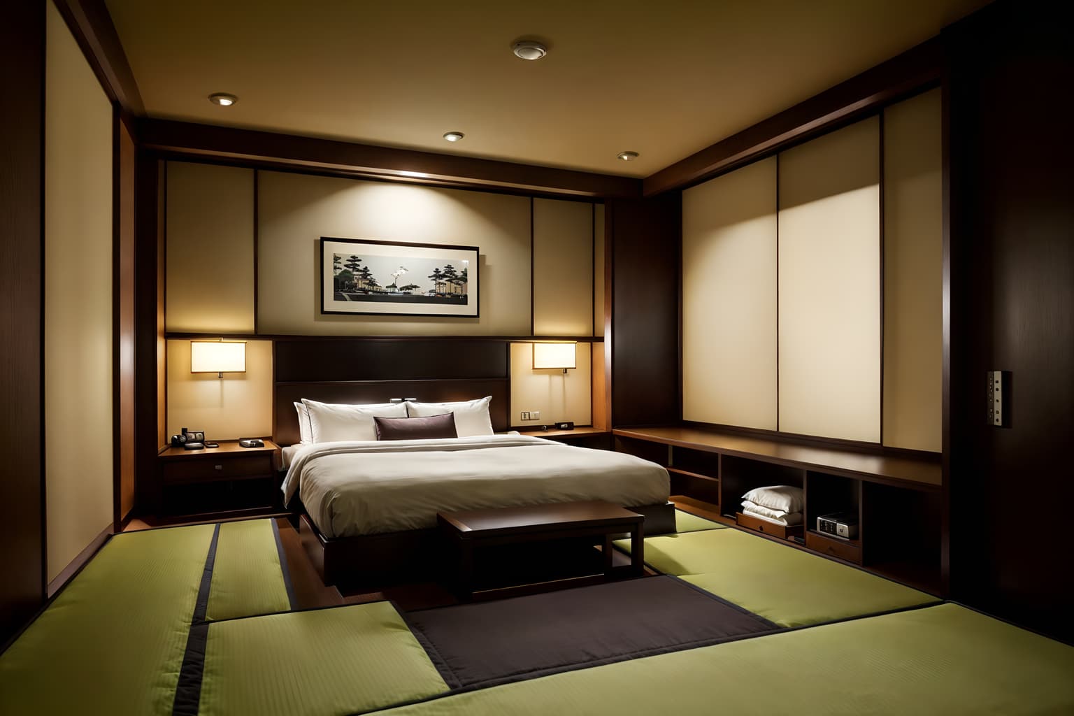 japanese design-style (hotel room interior) with hotel bathroom and bedside table or night stand and working desk with desk chair and night light and accent chair and mirror and storage bench or ottoman and dresser closet. . with . . cinematic photo, highly detailed, cinematic lighting, ultra-detailed, ultrarealistic, photorealism, 8k. japanese design interior design style. masterpiece, cinematic light, ultrarealistic+, photorealistic+, 8k, raw photo, realistic, sharp focus on eyes, (symmetrical eyes), (intact eyes), hyperrealistic, highest quality, best quality, , highly detailed, masterpiece, best quality, extremely detailed 8k wallpaper, masterpiece, best quality, ultra-detailed, best shadow, detailed background, detailed face, detailed eyes, high contrast, best illumination, detailed face, dulux, caustic, dynamic angle, detailed glow. dramatic lighting. highly detailed, insanely detailed hair, symmetrical, intricate details, professionally retouched, 8k high definition. strong bokeh. award winning photo.