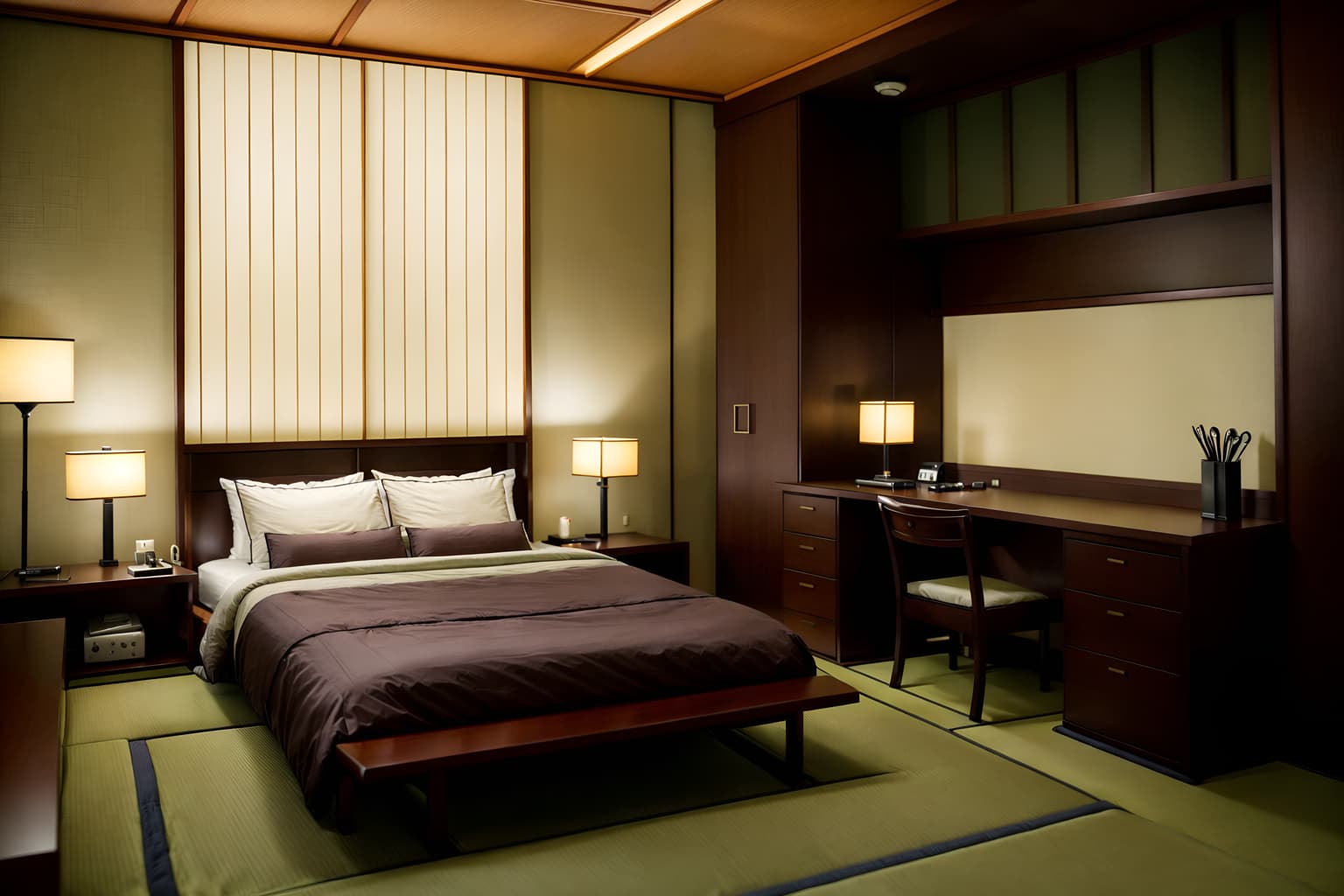 japanese design-style (hotel room interior) with hotel bathroom and bedside table or night stand and working desk with desk chair and night light and accent chair and mirror and storage bench or ottoman and dresser closet. . with . . cinematic photo, highly detailed, cinematic lighting, ultra-detailed, ultrarealistic, photorealism, 8k. japanese design interior design style. masterpiece, cinematic light, ultrarealistic+, photorealistic+, 8k, raw photo, realistic, sharp focus on eyes, (symmetrical eyes), (intact eyes), hyperrealistic, highest quality, best quality, , highly detailed, masterpiece, best quality, extremely detailed 8k wallpaper, masterpiece, best quality, ultra-detailed, best shadow, detailed background, detailed face, detailed eyes, high contrast, best illumination, detailed face, dulux, caustic, dynamic angle, detailed glow. dramatic lighting. highly detailed, insanely detailed hair, symmetrical, intricate details, professionally retouched, 8k high definition. strong bokeh. award winning photo.