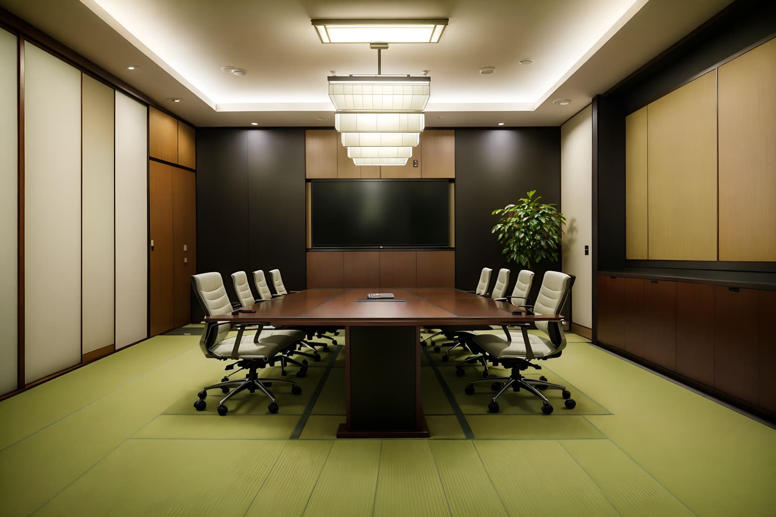 japanese design-style (meeting room interior) with cabinets and office chairs and painting or photo on wall and glass doors and boardroom table and glass walls and plant and vase. . with . . cinematic photo, highly detailed, cinematic lighting, ultra-detailed, ultrarealistic, photorealism, 8k. japanese design interior design style. masterpiece, cinematic light, ultrarealistic+, photorealistic+, 8k, raw photo, realistic, sharp focus on eyes, (symmetrical eyes), (intact eyes), hyperrealistic, highest quality, best quality, , highly detailed, masterpiece, best quality, extremely detailed 8k wallpaper, masterpiece, best quality, ultra-detailed, best shadow, detailed background, detailed face, detailed eyes, high contrast, best illumination, detailed face, dulux, caustic, dynamic angle, detailed glow. dramatic lighting. highly detailed, insanely detailed hair, symmetrical, intricate details, professionally retouched, 8k high definition. strong bokeh. award winning photo.