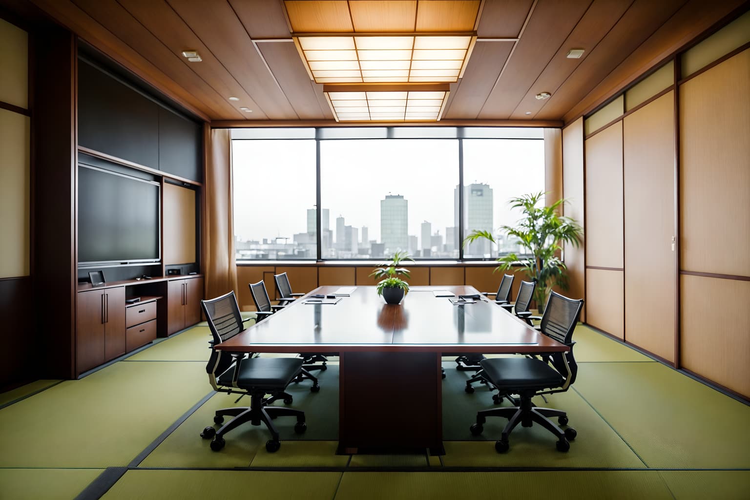 japanese design-style (meeting room interior) with cabinets and office chairs and painting or photo on wall and glass doors and boardroom table and glass walls and plant and vase. . with . . cinematic photo, highly detailed, cinematic lighting, ultra-detailed, ultrarealistic, photorealism, 8k. japanese design interior design style. masterpiece, cinematic light, ultrarealistic+, photorealistic+, 8k, raw photo, realistic, sharp focus on eyes, (symmetrical eyes), (intact eyes), hyperrealistic, highest quality, best quality, , highly detailed, masterpiece, best quality, extremely detailed 8k wallpaper, masterpiece, best quality, ultra-detailed, best shadow, detailed background, detailed face, detailed eyes, high contrast, best illumination, detailed face, dulux, caustic, dynamic angle, detailed glow. dramatic lighting. highly detailed, insanely detailed hair, symmetrical, intricate details, professionally retouched, 8k high definition. strong bokeh. award winning photo.