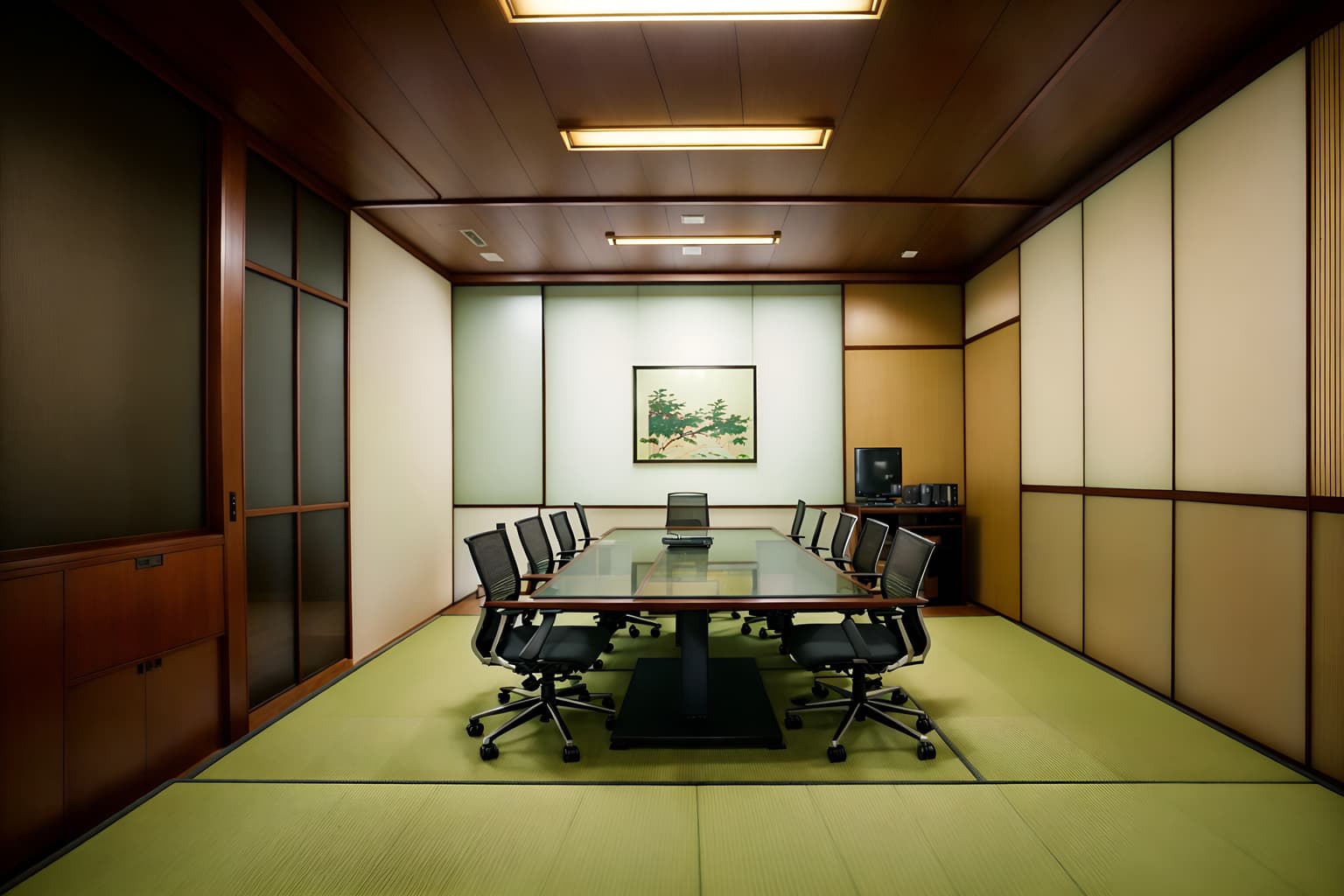 japanese design-style (meeting room interior) with cabinets and office chairs and painting or photo on wall and glass doors and boardroom table and glass walls and plant and vase. . with . . cinematic photo, highly detailed, cinematic lighting, ultra-detailed, ultrarealistic, photorealism, 8k. japanese design interior design style. masterpiece, cinematic light, ultrarealistic+, photorealistic+, 8k, raw photo, realistic, sharp focus on eyes, (symmetrical eyes), (intact eyes), hyperrealistic, highest quality, best quality, , highly detailed, masterpiece, best quality, extremely detailed 8k wallpaper, masterpiece, best quality, ultra-detailed, best shadow, detailed background, detailed face, detailed eyes, high contrast, best illumination, detailed face, dulux, caustic, dynamic angle, detailed glow. dramatic lighting. highly detailed, insanely detailed hair, symmetrical, intricate details, professionally retouched, 8k high definition. strong bokeh. award winning photo.