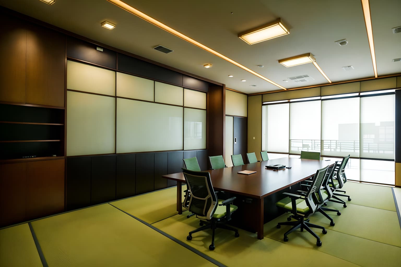 japanese design-style (meeting room interior) with cabinets and office chairs and painting or photo on wall and glass doors and boardroom table and glass walls and plant and vase. . with . . cinematic photo, highly detailed, cinematic lighting, ultra-detailed, ultrarealistic, photorealism, 8k. japanese design interior design style. masterpiece, cinematic light, ultrarealistic+, photorealistic+, 8k, raw photo, realistic, sharp focus on eyes, (symmetrical eyes), (intact eyes), hyperrealistic, highest quality, best quality, , highly detailed, masterpiece, best quality, extremely detailed 8k wallpaper, masterpiece, best quality, ultra-detailed, best shadow, detailed background, detailed face, detailed eyes, high contrast, best illumination, detailed face, dulux, caustic, dynamic angle, detailed glow. dramatic lighting. highly detailed, insanely detailed hair, symmetrical, intricate details, professionally retouched, 8k high definition. strong bokeh. award winning photo.