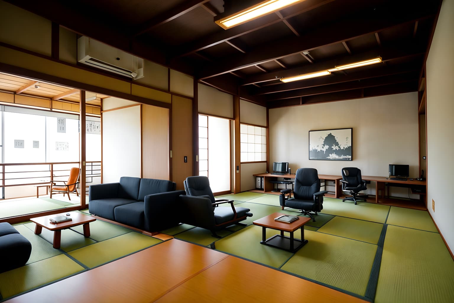 japanese design-style (coworking space interior) with seating area with sofa and lounge chairs and office desks and office chairs and seating area with sofa. . with . . cinematic photo, highly detailed, cinematic lighting, ultra-detailed, ultrarealistic, photorealism, 8k. japanese design interior design style. masterpiece, cinematic light, ultrarealistic+, photorealistic+, 8k, raw photo, realistic, sharp focus on eyes, (symmetrical eyes), (intact eyes), hyperrealistic, highest quality, best quality, , highly detailed, masterpiece, best quality, extremely detailed 8k wallpaper, masterpiece, best quality, ultra-detailed, best shadow, detailed background, detailed face, detailed eyes, high contrast, best illumination, detailed face, dulux, caustic, dynamic angle, detailed glow. dramatic lighting. highly detailed, insanely detailed hair, symmetrical, intricate details, professionally retouched, 8k high definition. strong bokeh. award winning photo.