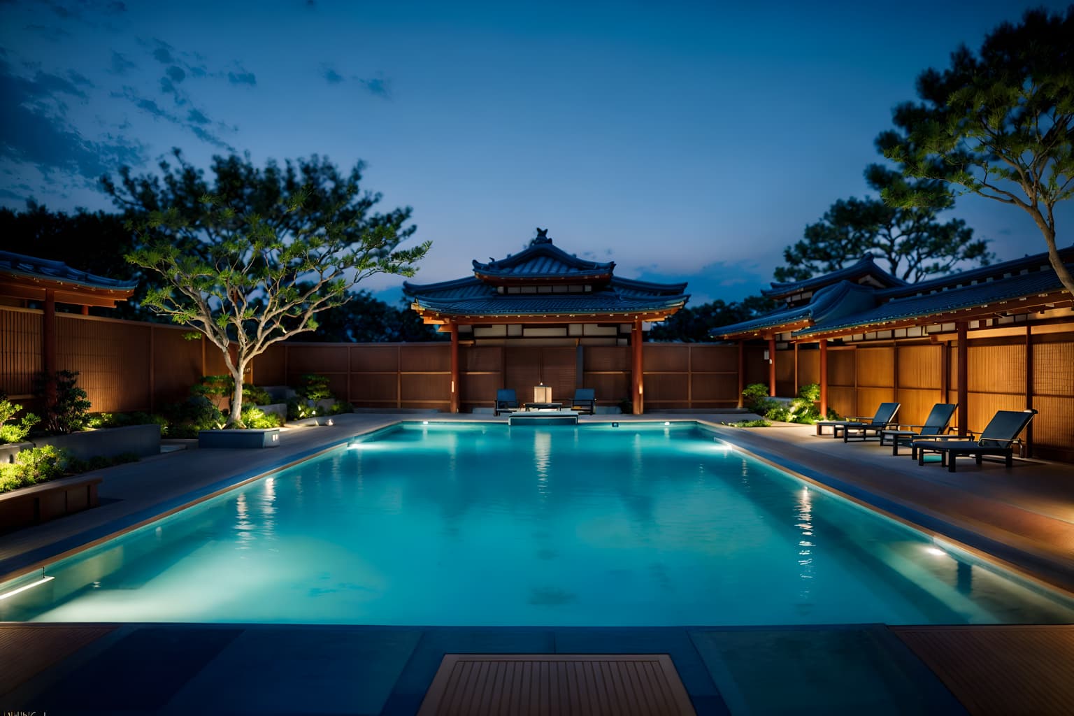 japanese design-style designed (outdoor pool area ) with pool and pool lights and pool lounge chairs and pool. . with . . cinematic photo, highly detailed, cinematic lighting, ultra-detailed, ultrarealistic, photorealism, 8k. japanese design design style. masterpiece, cinematic light, ultrarealistic+, photorealistic+, 8k, raw photo, realistic, sharp focus on eyes, (symmetrical eyes), (intact eyes), hyperrealistic, highest quality, best quality, , highly detailed, masterpiece, best quality, extremely detailed 8k wallpaper, masterpiece, best quality, ultra-detailed, best shadow, detailed background, detailed face, detailed eyes, high contrast, best illumination, detailed face, dulux, caustic, dynamic angle, detailed glow. dramatic lighting. highly detailed, insanely detailed hair, symmetrical, intricate details, professionally retouched, 8k high definition. strong bokeh. award winning photo.