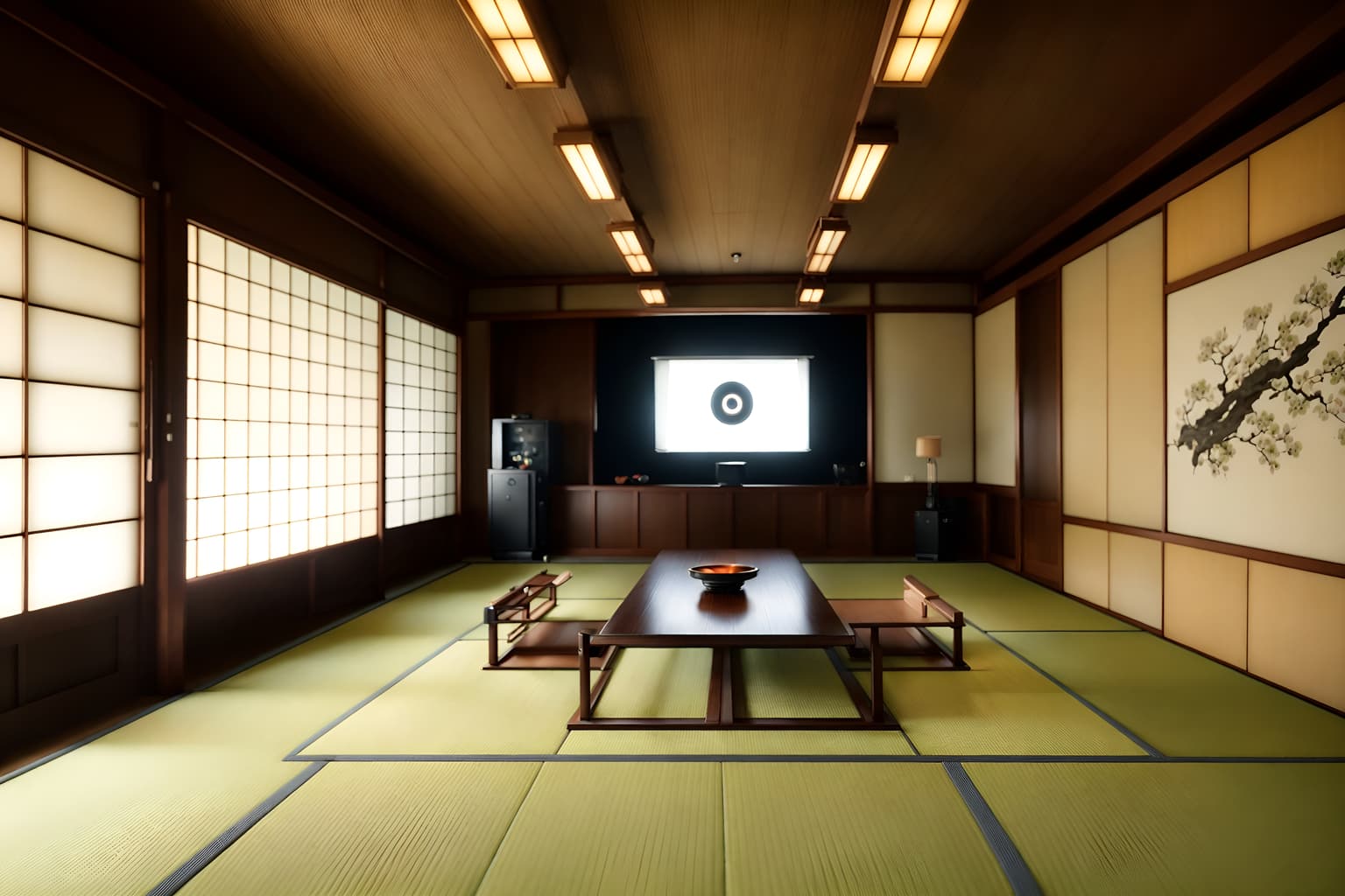 japanese design-style (exhibition space interior) . with . . cinematic photo, highly detailed, cinematic lighting, ultra-detailed, ultrarealistic, photorealism, 8k. japanese design interior design style. masterpiece, cinematic light, ultrarealistic+, photorealistic+, 8k, raw photo, realistic, sharp focus on eyes, (symmetrical eyes), (intact eyes), hyperrealistic, highest quality, best quality, , highly detailed, masterpiece, best quality, extremely detailed 8k wallpaper, masterpiece, best quality, ultra-detailed, best shadow, detailed background, detailed face, detailed eyes, high contrast, best illumination, detailed face, dulux, caustic, dynamic angle, detailed glow. dramatic lighting. highly detailed, insanely detailed hair, symmetrical, intricate details, professionally retouched, 8k high definition. strong bokeh. award winning photo.
