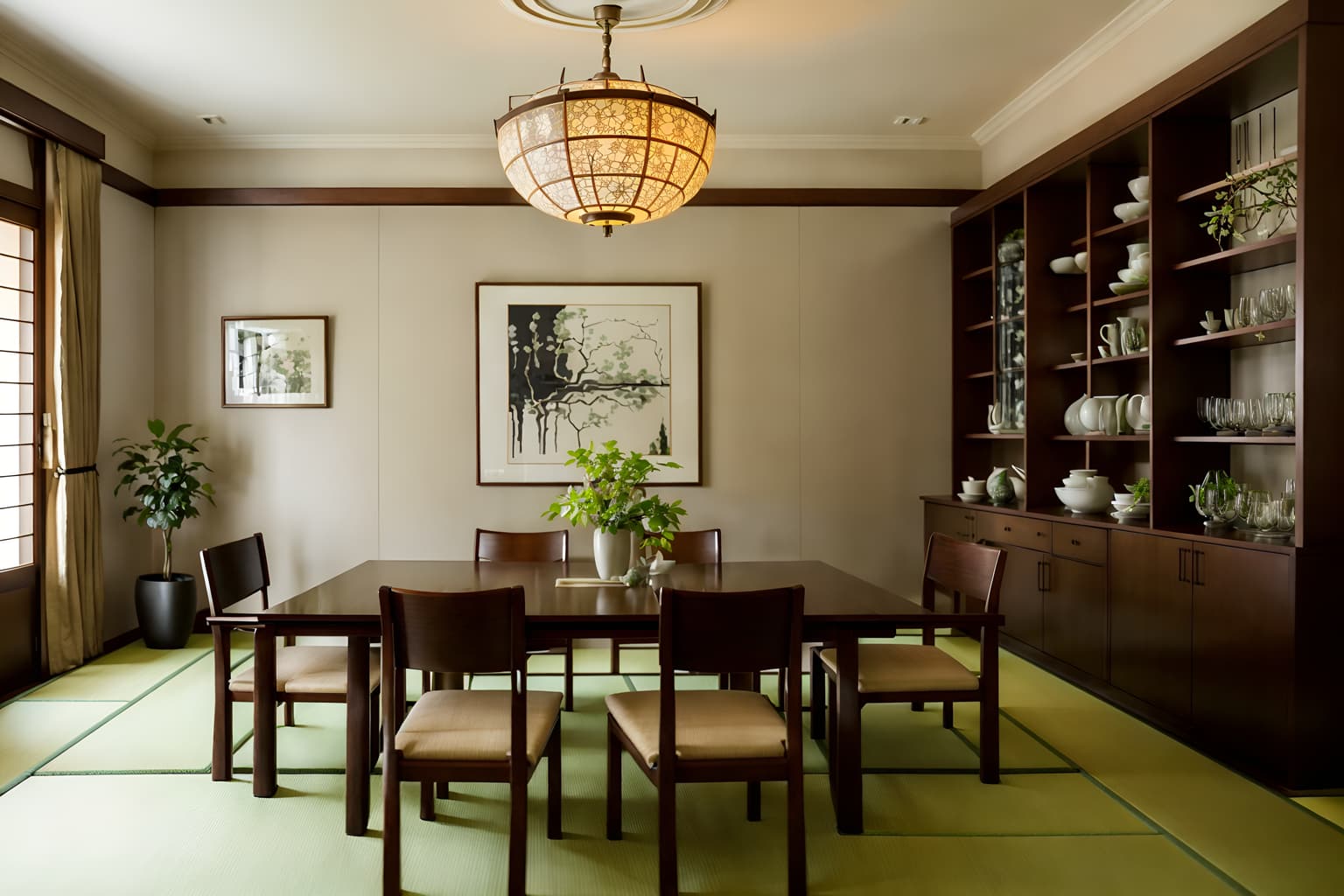 japanese design-style (dining room interior) with bookshelves and dining table chairs and vase and plant and dining table and painting or photo on wall and light or chandelier and table cloth. . with . . cinematic photo, highly detailed, cinematic lighting, ultra-detailed, ultrarealistic, photorealism, 8k. japanese design interior design style. masterpiece, cinematic light, ultrarealistic+, photorealistic+, 8k, raw photo, realistic, sharp focus on eyes, (symmetrical eyes), (intact eyes), hyperrealistic, highest quality, best quality, , highly detailed, masterpiece, best quality, extremely detailed 8k wallpaper, masterpiece, best quality, ultra-detailed, best shadow, detailed background, detailed face, detailed eyes, high contrast, best illumination, detailed face, dulux, caustic, dynamic angle, detailed glow. dramatic lighting. highly detailed, insanely detailed hair, symmetrical, intricate details, professionally retouched, 8k high definition. strong bokeh. award winning photo.
