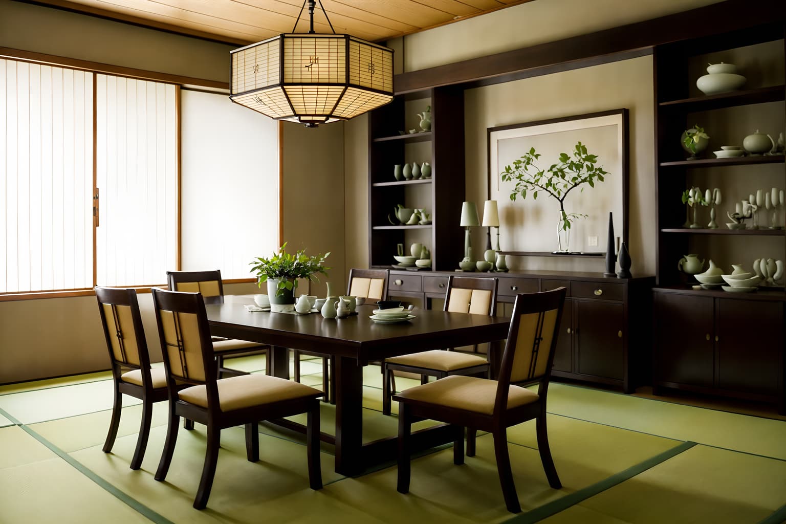 japanese design-style (dining room interior) with bookshelves and dining table chairs and vase and plant and dining table and painting or photo on wall and light or chandelier and table cloth. . with . . cinematic photo, highly detailed, cinematic lighting, ultra-detailed, ultrarealistic, photorealism, 8k. japanese design interior design style. masterpiece, cinematic light, ultrarealistic+, photorealistic+, 8k, raw photo, realistic, sharp focus on eyes, (symmetrical eyes), (intact eyes), hyperrealistic, highest quality, best quality, , highly detailed, masterpiece, best quality, extremely detailed 8k wallpaper, masterpiece, best quality, ultra-detailed, best shadow, detailed background, detailed face, detailed eyes, high contrast, best illumination, detailed face, dulux, caustic, dynamic angle, detailed glow. dramatic lighting. highly detailed, insanely detailed hair, symmetrical, intricate details, professionally retouched, 8k high definition. strong bokeh. award winning photo.