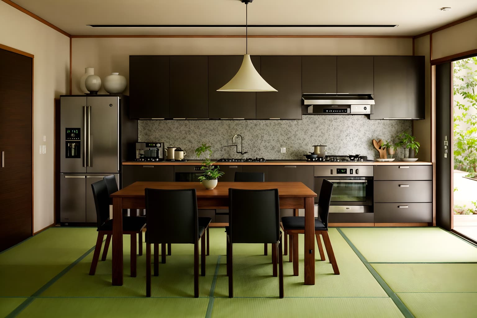 japanese design-style (kitchen living combo interior) with chairs and plant and refrigerator and coffee tables and sofa and bookshelves and plant and kitchen cabinets. . with . . cinematic photo, highly detailed, cinematic lighting, ultra-detailed, ultrarealistic, photorealism, 8k. japanese design interior design style. masterpiece, cinematic light, ultrarealistic+, photorealistic+, 8k, raw photo, realistic, sharp focus on eyes, (symmetrical eyes), (intact eyes), hyperrealistic, highest quality, best quality, , highly detailed, masterpiece, best quality, extremely detailed 8k wallpaper, masterpiece, best quality, ultra-detailed, best shadow, detailed background, detailed face, detailed eyes, high contrast, best illumination, detailed face, dulux, caustic, dynamic angle, detailed glow. dramatic lighting. highly detailed, insanely detailed hair, symmetrical, intricate details, professionally retouched, 8k high definition. strong bokeh. award winning photo.