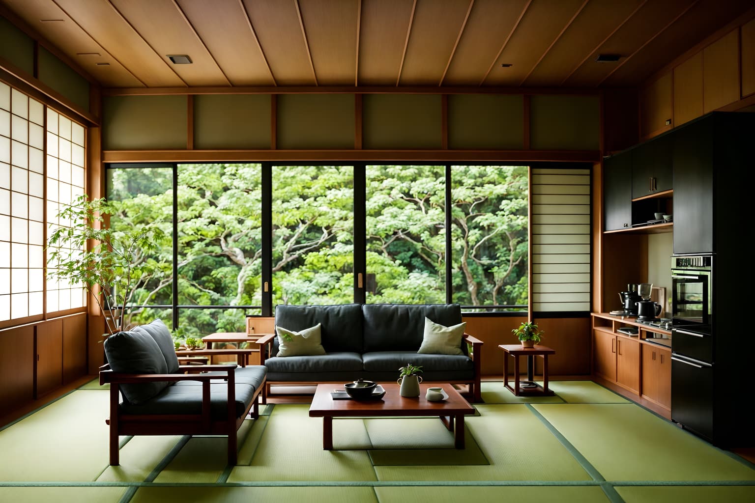 japanese design-style (kitchen living combo interior) with chairs and plant and refrigerator and coffee tables and sofa and bookshelves and plant and kitchen cabinets. . with . . cinematic photo, highly detailed, cinematic lighting, ultra-detailed, ultrarealistic, photorealism, 8k. japanese design interior design style. masterpiece, cinematic light, ultrarealistic+, photorealistic+, 8k, raw photo, realistic, sharp focus on eyes, (symmetrical eyes), (intact eyes), hyperrealistic, highest quality, best quality, , highly detailed, masterpiece, best quality, extremely detailed 8k wallpaper, masterpiece, best quality, ultra-detailed, best shadow, detailed background, detailed face, detailed eyes, high contrast, best illumination, detailed face, dulux, caustic, dynamic angle, detailed glow. dramatic lighting. highly detailed, insanely detailed hair, symmetrical, intricate details, professionally retouched, 8k high definition. strong bokeh. award winning photo.