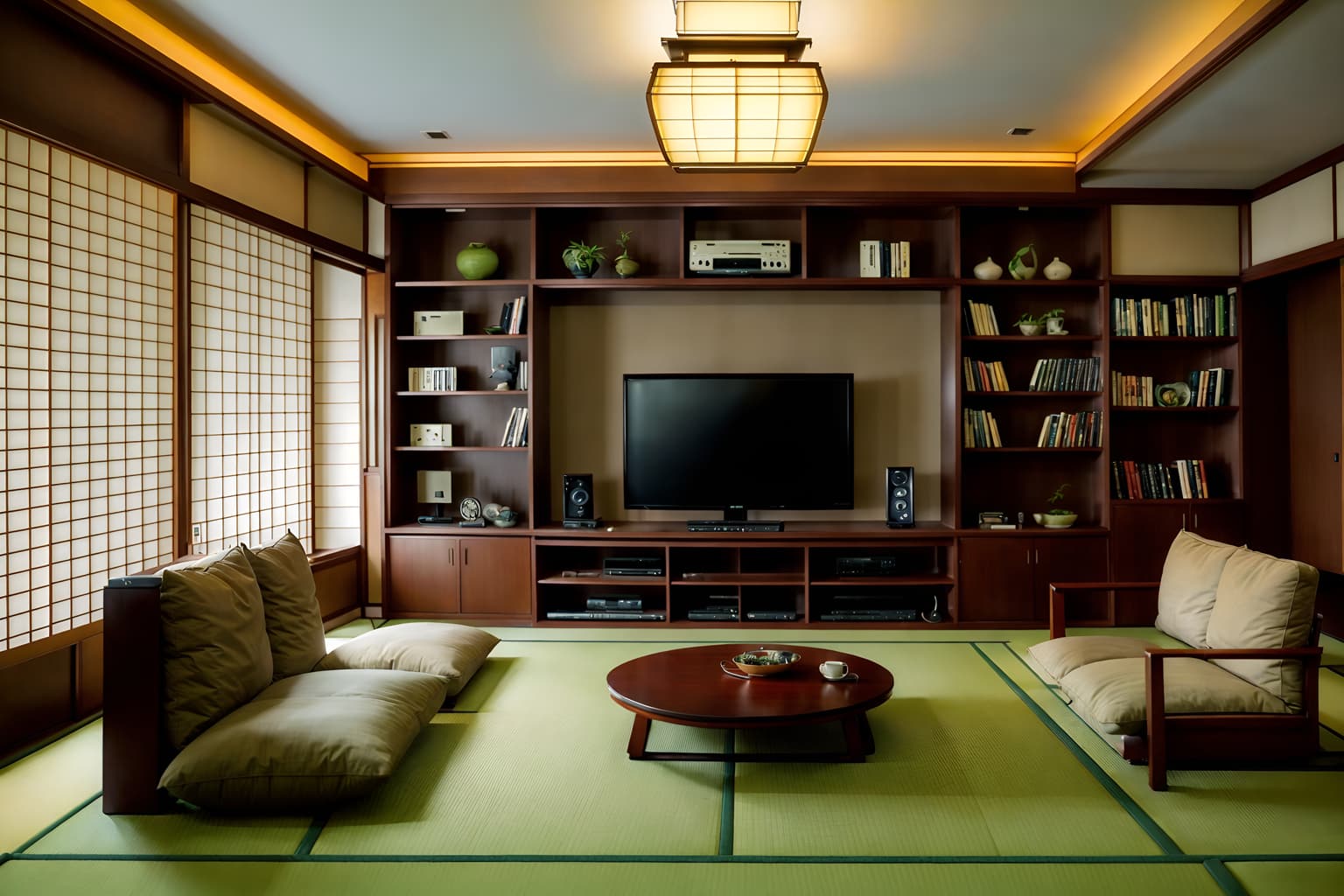 japanese design-style (living room interior) with bookshelves and televisions and chairs and electric lamps and sofa and occasional tables and plant and furniture. . with . . cinematic photo, highly detailed, cinematic lighting, ultra-detailed, ultrarealistic, photorealism, 8k. japanese design interior design style. masterpiece, cinematic light, ultrarealistic+, photorealistic+, 8k, raw photo, realistic, sharp focus on eyes, (symmetrical eyes), (intact eyes), hyperrealistic, highest quality, best quality, , highly detailed, masterpiece, best quality, extremely detailed 8k wallpaper, masterpiece, best quality, ultra-detailed, best shadow, detailed background, detailed face, detailed eyes, high contrast, best illumination, detailed face, dulux, caustic, dynamic angle, detailed glow. dramatic lighting. highly detailed, insanely detailed hair, symmetrical, intricate details, professionally retouched, 8k high definition. strong bokeh. award winning photo.