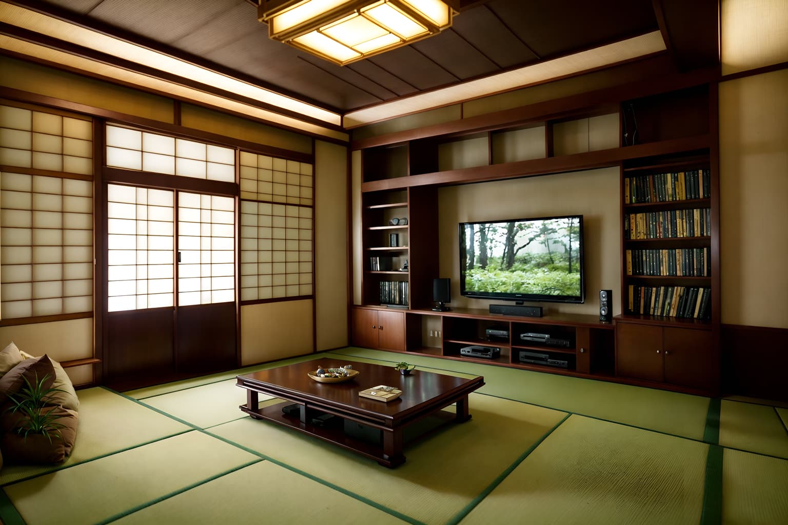 japanese design-style (living room interior) with bookshelves and televisions and chairs and electric lamps and sofa and occasional tables and plant and furniture. . with . . cinematic photo, highly detailed, cinematic lighting, ultra-detailed, ultrarealistic, photorealism, 8k. japanese design interior design style. masterpiece, cinematic light, ultrarealistic+, photorealistic+, 8k, raw photo, realistic, sharp focus on eyes, (symmetrical eyes), (intact eyes), hyperrealistic, highest quality, best quality, , highly detailed, masterpiece, best quality, extremely detailed 8k wallpaper, masterpiece, best quality, ultra-detailed, best shadow, detailed background, detailed face, detailed eyes, high contrast, best illumination, detailed face, dulux, caustic, dynamic angle, detailed glow. dramatic lighting. highly detailed, insanely detailed hair, symmetrical, intricate details, professionally retouched, 8k high definition. strong bokeh. award winning photo.
