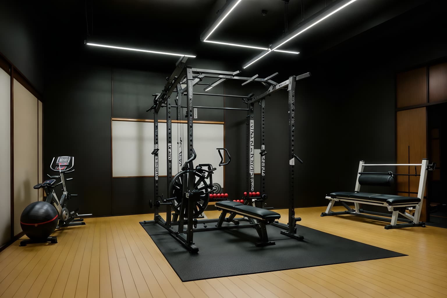 japanese design-style (fitness gym interior) with exercise bicycle and squat rack and crosstrainer and dumbbell stand and bench press and exercise bicycle. . with . . cinematic photo, highly detailed, cinematic lighting, ultra-detailed, ultrarealistic, photorealism, 8k. japanese design interior design style. masterpiece, cinematic light, ultrarealistic+, photorealistic+, 8k, raw photo, realistic, sharp focus on eyes, (symmetrical eyes), (intact eyes), hyperrealistic, highest quality, best quality, , highly detailed, masterpiece, best quality, extremely detailed 8k wallpaper, masterpiece, best quality, ultra-detailed, best shadow, detailed background, detailed face, detailed eyes, high contrast, best illumination, detailed face, dulux, caustic, dynamic angle, detailed glow. dramatic lighting. highly detailed, insanely detailed hair, symmetrical, intricate details, professionally retouched, 8k high definition. strong bokeh. award winning photo.