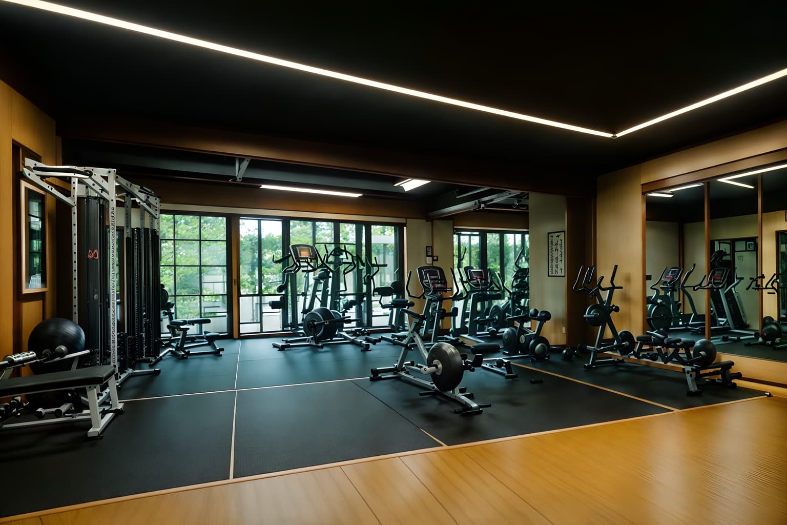 japanese design-style (fitness gym interior) with exercise bicycle and squat rack and crosstrainer and dumbbell stand and bench press and exercise bicycle. . with . . cinematic photo, highly detailed, cinematic lighting, ultra-detailed, ultrarealistic, photorealism, 8k. japanese design interior design style. masterpiece, cinematic light, ultrarealistic+, photorealistic+, 8k, raw photo, realistic, sharp focus on eyes, (symmetrical eyes), (intact eyes), hyperrealistic, highest quality, best quality, , highly detailed, masterpiece, best quality, extremely detailed 8k wallpaper, masterpiece, best quality, ultra-detailed, best shadow, detailed background, detailed face, detailed eyes, high contrast, best illumination, detailed face, dulux, caustic, dynamic angle, detailed glow. dramatic lighting. highly detailed, insanely detailed hair, symmetrical, intricate details, professionally retouched, 8k high definition. strong bokeh. award winning photo.