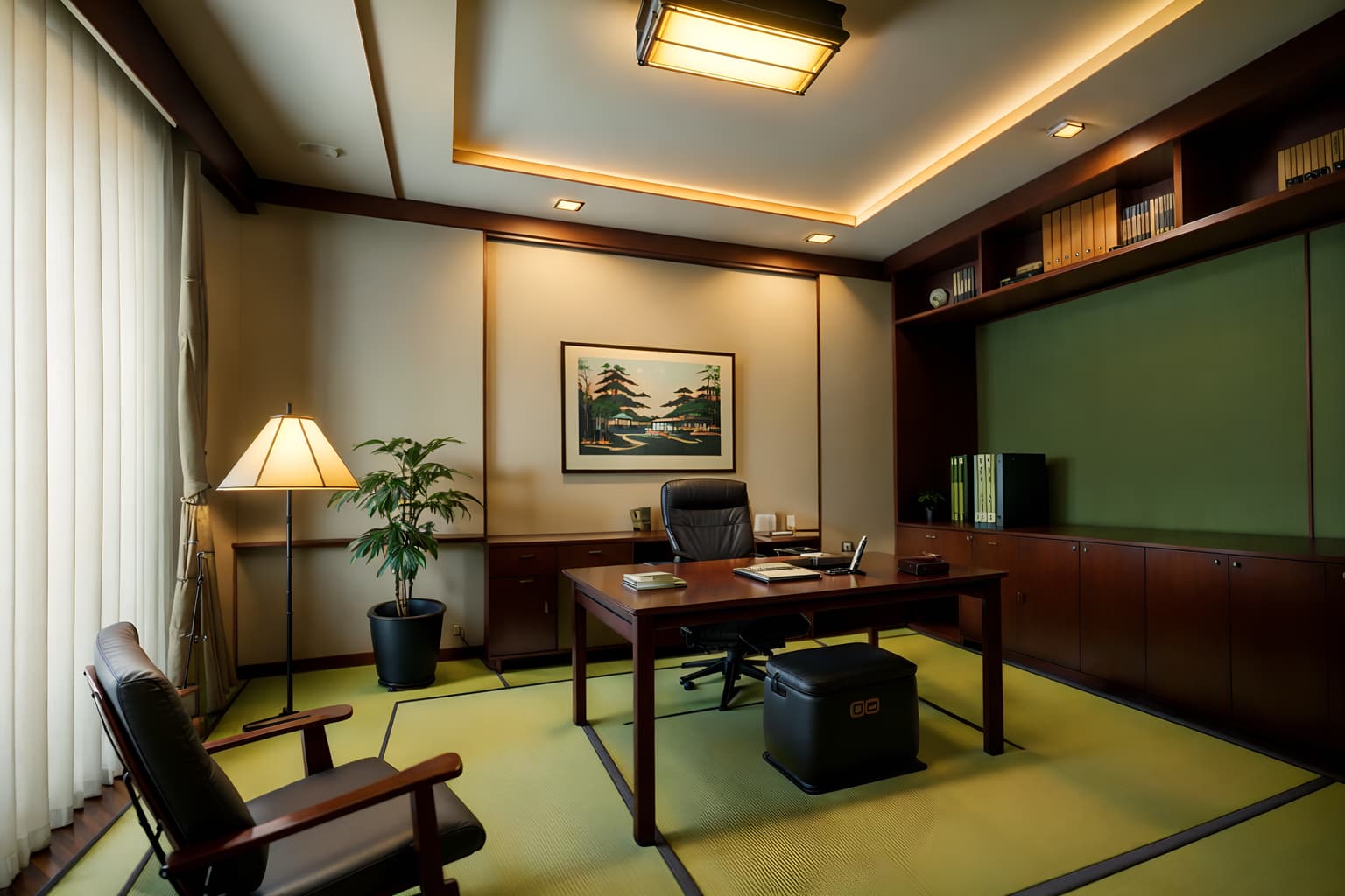 japanese design-style (study room interior) with office chair and lounge chair and desk lamp and cabinets and writing desk and bookshelves and plant and office chair. . with . . cinematic photo, highly detailed, cinematic lighting, ultra-detailed, ultrarealistic, photorealism, 8k. japanese design interior design style. masterpiece, cinematic light, ultrarealistic+, photorealistic+, 8k, raw photo, realistic, sharp focus on eyes, (symmetrical eyes), (intact eyes), hyperrealistic, highest quality, best quality, , highly detailed, masterpiece, best quality, extremely detailed 8k wallpaper, masterpiece, best quality, ultra-detailed, best shadow, detailed background, detailed face, detailed eyes, high contrast, best illumination, detailed face, dulux, caustic, dynamic angle, detailed glow. dramatic lighting. highly detailed, insanely detailed hair, symmetrical, intricate details, professionally retouched, 8k high definition. strong bokeh. award winning photo.