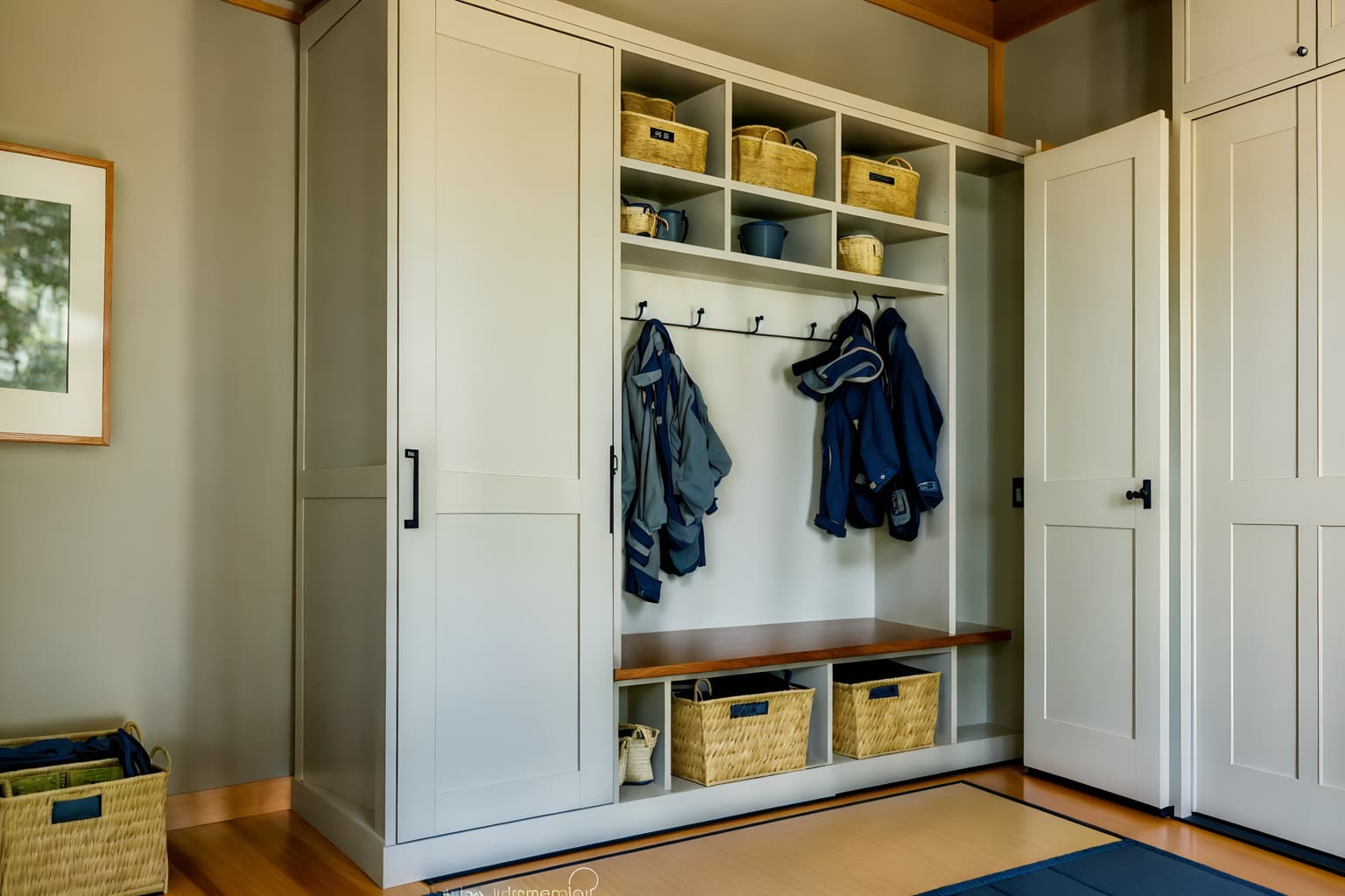japanese design-style (mudroom interior) with storage baskets and a bench and cabinets and wall hooks for coats and storage drawers and shelves for shoes and cubbies and high up storage. . with . . cinematic photo, highly detailed, cinematic lighting, ultra-detailed, ultrarealistic, photorealism, 8k. japanese design interior design style. masterpiece, cinematic light, ultrarealistic+, photorealistic+, 8k, raw photo, realistic, sharp focus on eyes, (symmetrical eyes), (intact eyes), hyperrealistic, highest quality, best quality, , highly detailed, masterpiece, best quality, extremely detailed 8k wallpaper, masterpiece, best quality, ultra-detailed, best shadow, detailed background, detailed face, detailed eyes, high contrast, best illumination, detailed face, dulux, caustic, dynamic angle, detailed glow. dramatic lighting. highly detailed, insanely detailed hair, symmetrical, intricate details, professionally retouched, 8k high definition. strong bokeh. award winning photo.