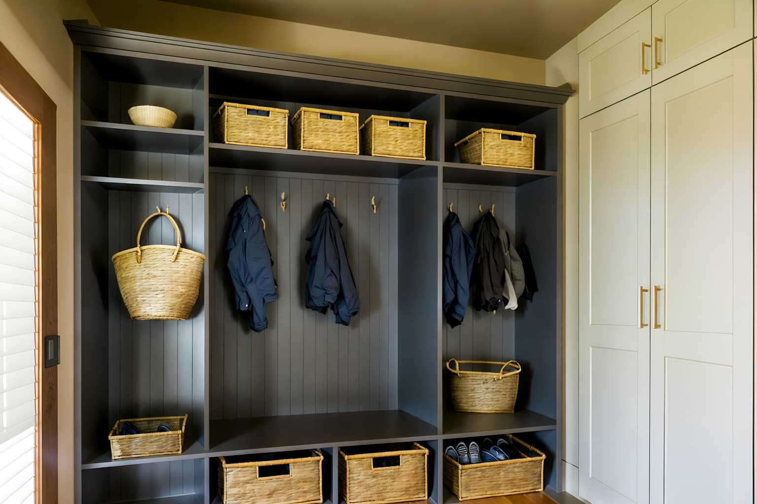 japanese design-style (mudroom interior) with storage baskets and a bench and cabinets and wall hooks for coats and storage drawers and shelves for shoes and cubbies and high up storage. . with . . cinematic photo, highly detailed, cinematic lighting, ultra-detailed, ultrarealistic, photorealism, 8k. japanese design interior design style. masterpiece, cinematic light, ultrarealistic+, photorealistic+, 8k, raw photo, realistic, sharp focus on eyes, (symmetrical eyes), (intact eyes), hyperrealistic, highest quality, best quality, , highly detailed, masterpiece, best quality, extremely detailed 8k wallpaper, masterpiece, best quality, ultra-detailed, best shadow, detailed background, detailed face, detailed eyes, high contrast, best illumination, detailed face, dulux, caustic, dynamic angle, detailed glow. dramatic lighting. highly detailed, insanely detailed hair, symmetrical, intricate details, professionally retouched, 8k high definition. strong bokeh. award winning photo.