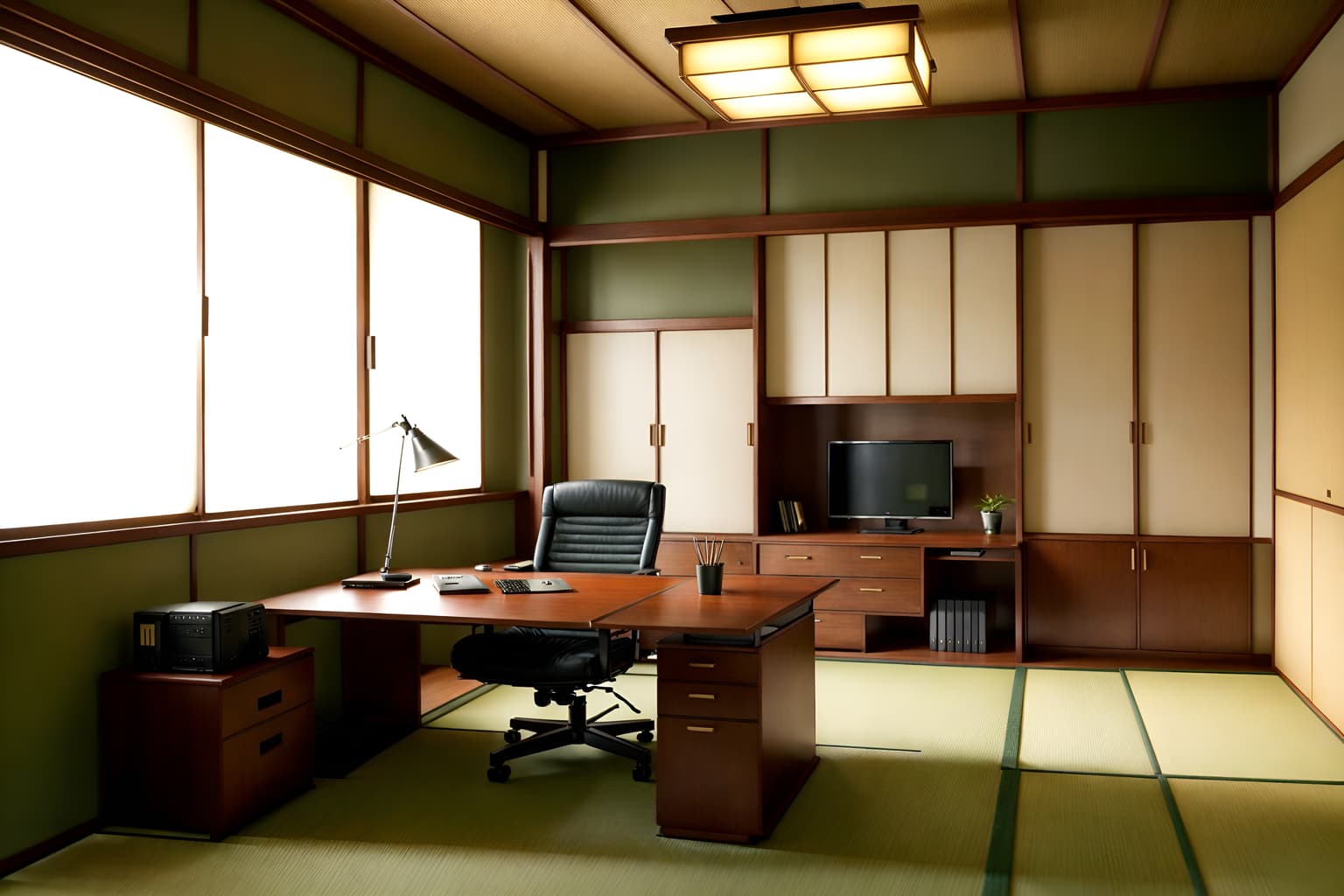 japanese design-style (home office interior) with cabinets and plant and desk lamp and office chair and computer desk and cabinets. . with . . cinematic photo, highly detailed, cinematic lighting, ultra-detailed, ultrarealistic, photorealism, 8k. japanese design interior design style. masterpiece, cinematic light, ultrarealistic+, photorealistic+, 8k, raw photo, realistic, sharp focus on eyes, (symmetrical eyes), (intact eyes), hyperrealistic, highest quality, best quality, , highly detailed, masterpiece, best quality, extremely detailed 8k wallpaper, masterpiece, best quality, ultra-detailed, best shadow, detailed background, detailed face, detailed eyes, high contrast, best illumination, detailed face, dulux, caustic, dynamic angle, detailed glow. dramatic lighting. highly detailed, insanely detailed hair, symmetrical, intricate details, professionally retouched, 8k high definition. strong bokeh. award winning photo.
