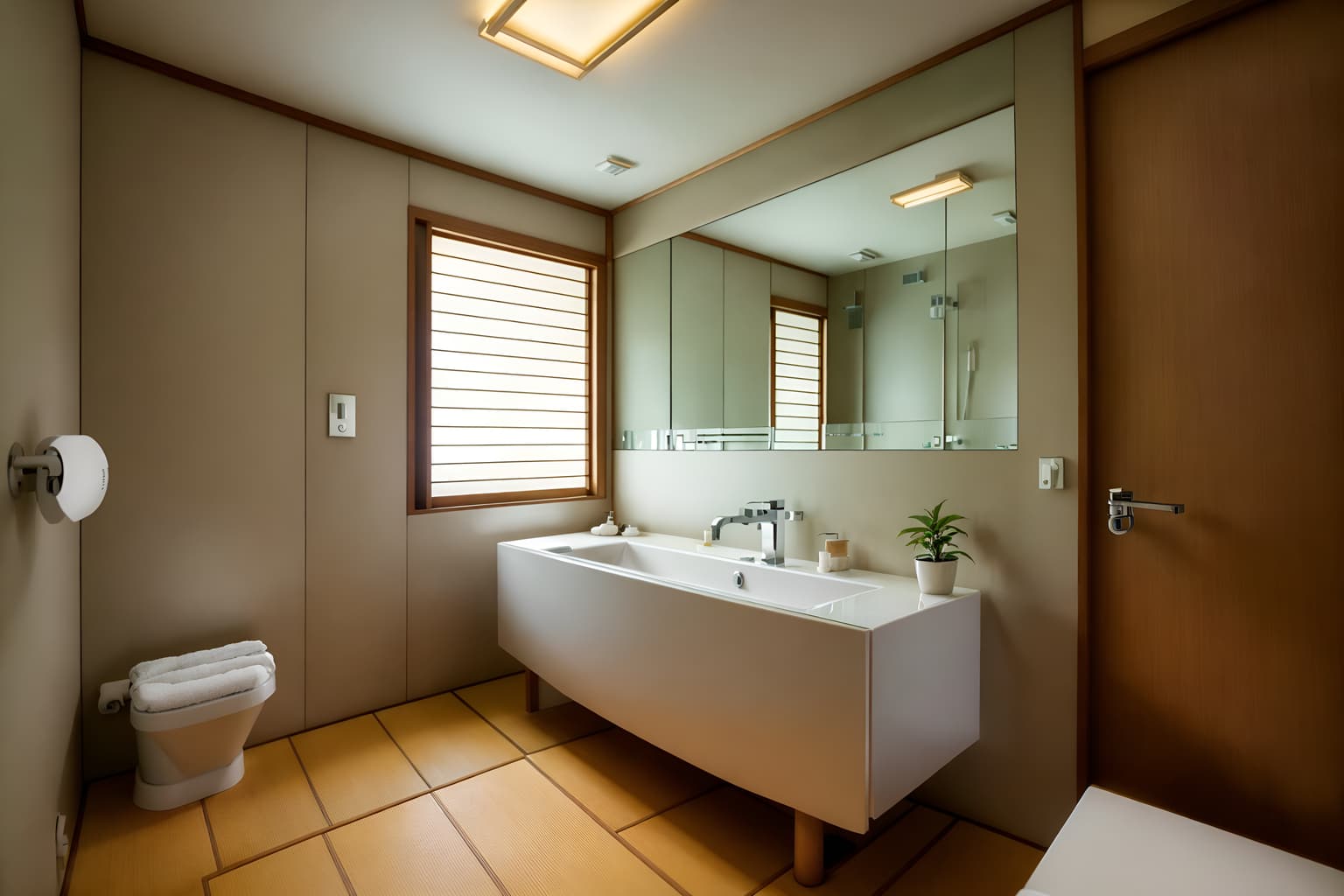 japanese design-style (hotel bathroom interior) with bath towel and bathroom sink with faucet and toilet seat and bath rail and plant and bathtub and bathroom cabinet and mirror. . with . . cinematic photo, highly detailed, cinematic lighting, ultra-detailed, ultrarealistic, photorealism, 8k. japanese design interior design style. masterpiece, cinematic light, ultrarealistic+, photorealistic+, 8k, raw photo, realistic, sharp focus on eyes, (symmetrical eyes), (intact eyes), hyperrealistic, highest quality, best quality, , highly detailed, masterpiece, best quality, extremely detailed 8k wallpaper, masterpiece, best quality, ultra-detailed, best shadow, detailed background, detailed face, detailed eyes, high contrast, best illumination, detailed face, dulux, caustic, dynamic angle, detailed glow. dramatic lighting. highly detailed, insanely detailed hair, symmetrical, intricate details, professionally retouched, 8k high definition. strong bokeh. award winning photo.