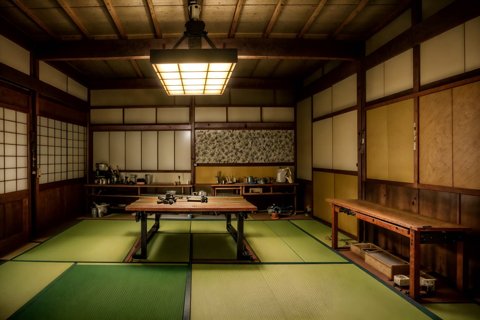 japanese design-style (workshop interior) with wooden workbench and tool wall and messy and wooden workbench. . with . . cinematic photo, highly detailed, cinematic lighting, ultra-detailed, ultrarealistic, photorealism, 8k. japanese design interior design style. masterpiece, cinematic light, ultrarealistic+, photorealistic+, 8k, raw photo, realistic, sharp focus on eyes, (symmetrical eyes), (intact eyes), hyperrealistic, highest quality, best quality, , highly detailed, masterpiece, best quality, extremely detailed 8k wallpaper, masterpiece, best quality, ultra-detailed, best shadow, detailed background, detailed face, detailed eyes, high contrast, best illumination, detailed face, dulux, caustic, dynamic angle, detailed glow. dramatic lighting. highly detailed, insanely detailed hair, symmetrical, intricate details, professionally retouched, 8k high definition. strong bokeh. award winning photo.